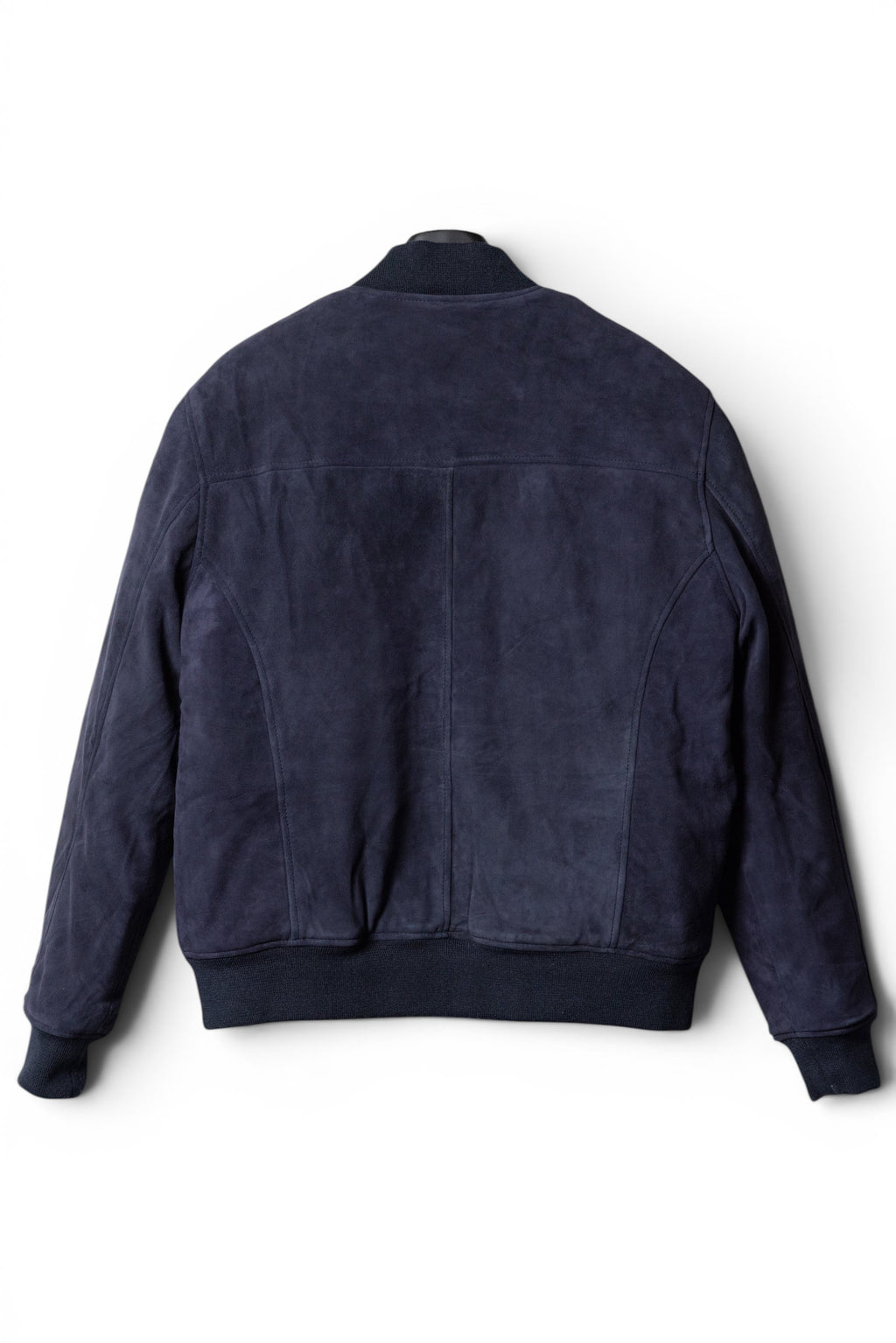 David Dangelo Caldwell navy blue suede bomber jacket with ribbed cuffs and hem. Reversible design.