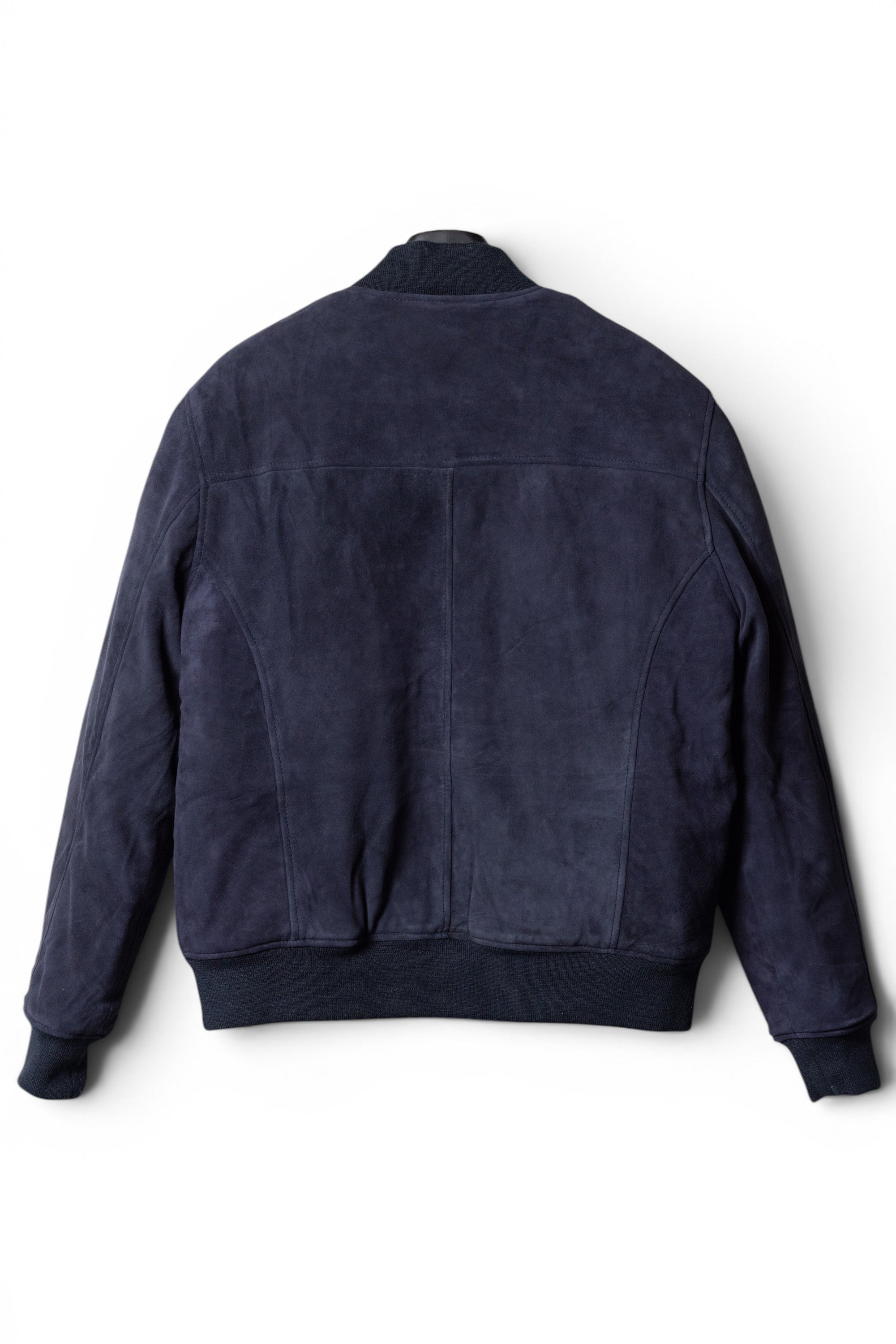 David Dangelo Caldwell navy blue suede bomber jacket with ribbed cuffs and hem. Reversible design.