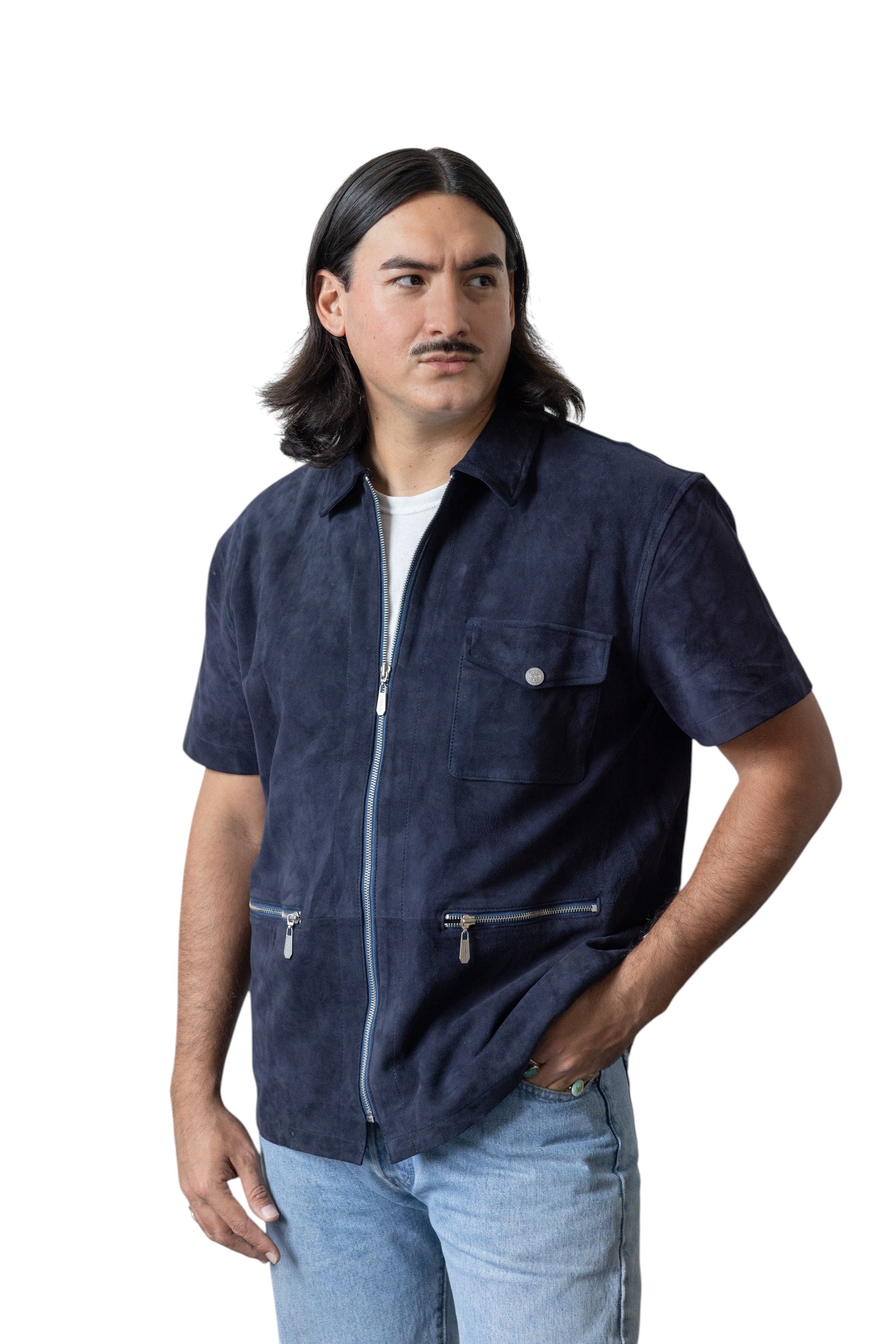 David Dangelo Caldwell navy blue suede short-sleeve work shirt with zippered pockets and silver hardware.
