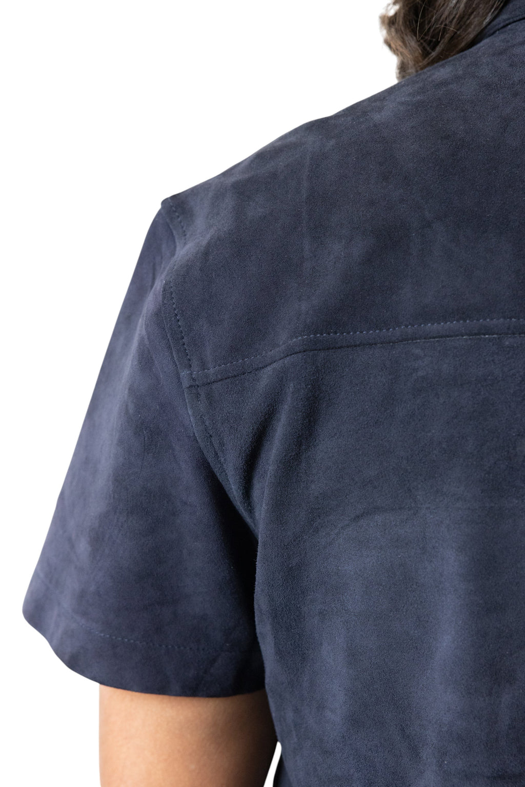 David Dangelo Caldwell navy blue suede short-sleeve artisan work shirt with utility pockets.