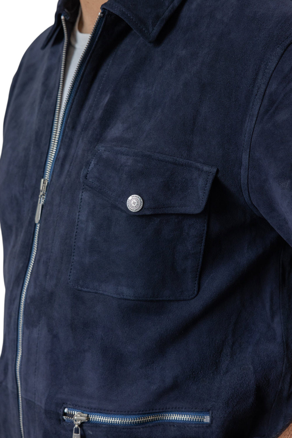 David Dangelo Caldwell navy blue suede artisan work shirt with zippered pockets and silver hardware.