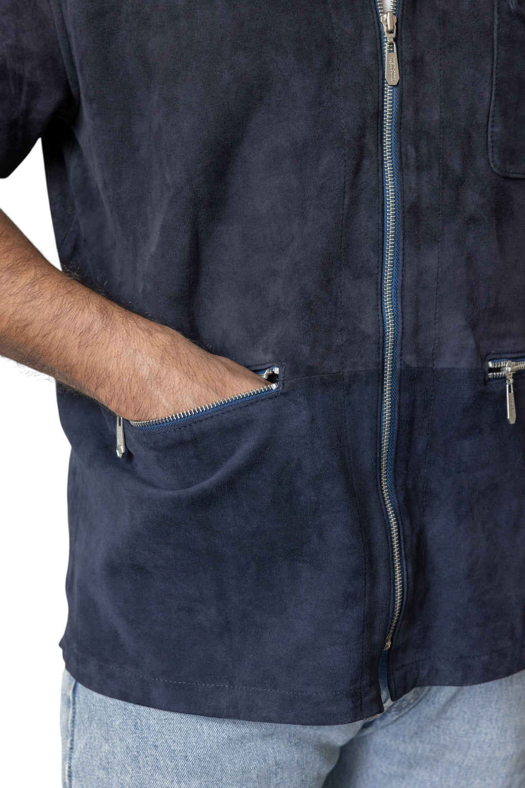 David Dangelo Caldwell navy blue suede artisan work shirt with zippered pockets and silver hardware.