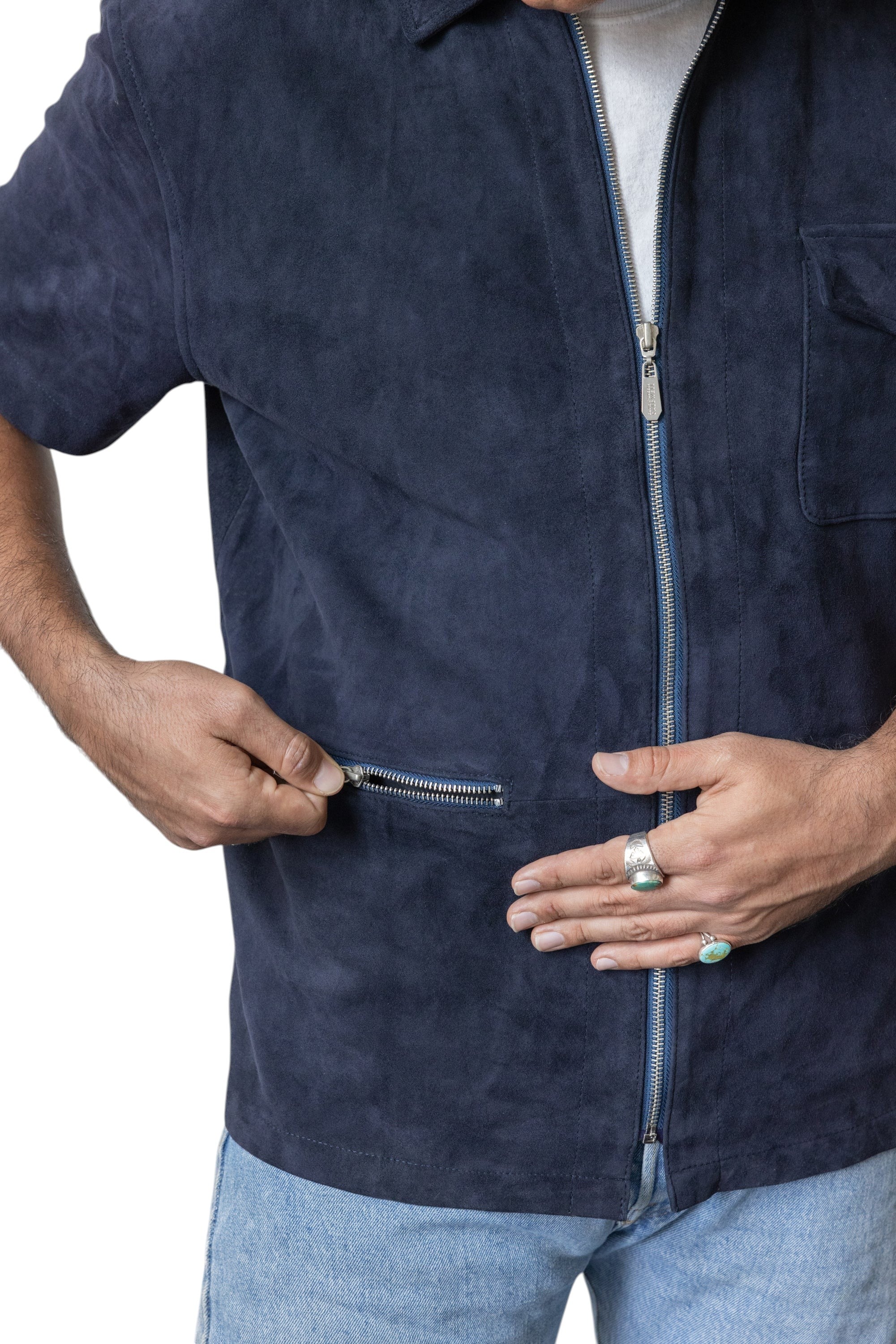 David Dangelo Caldwell navy blue suede short-sleeve artisan work shirt with zippered pockets and silver hardware.