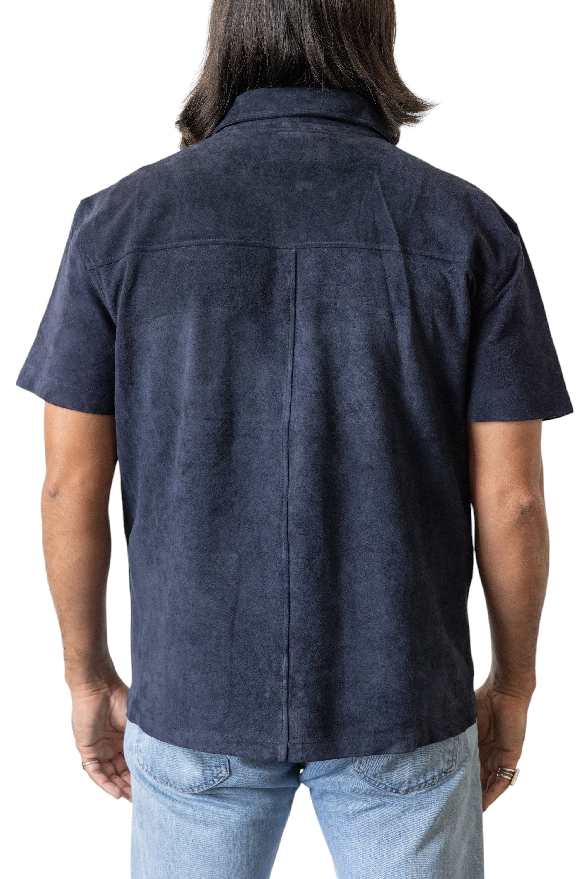 David Dangelo Caldwell navy blue suede short-sleeve artisan work shirt with two utility pockets and tonal topstitching.