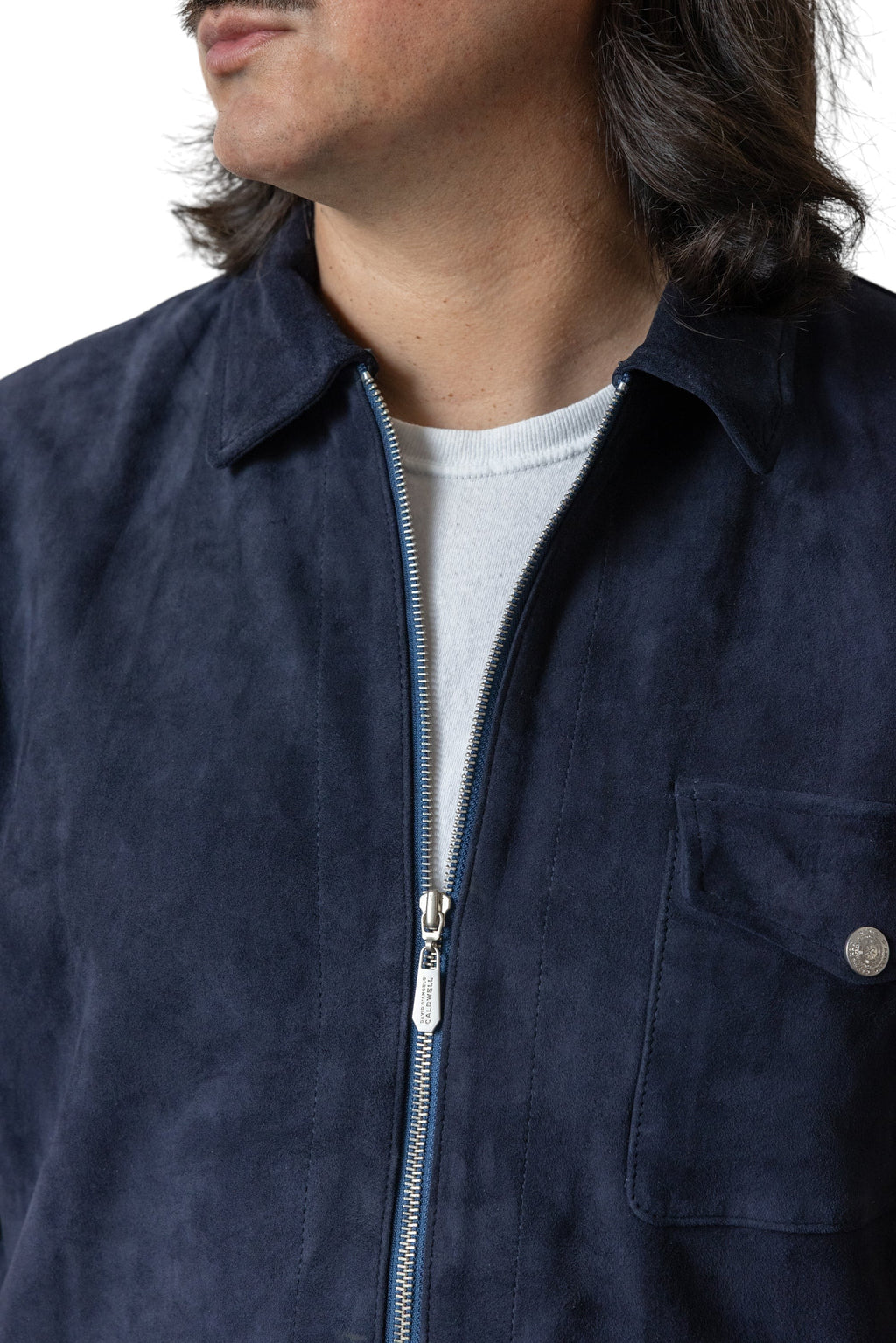 David Dangelo Caldwell navy blue suede work shirt with zipper and chest pocket. Full grain lamb suede.