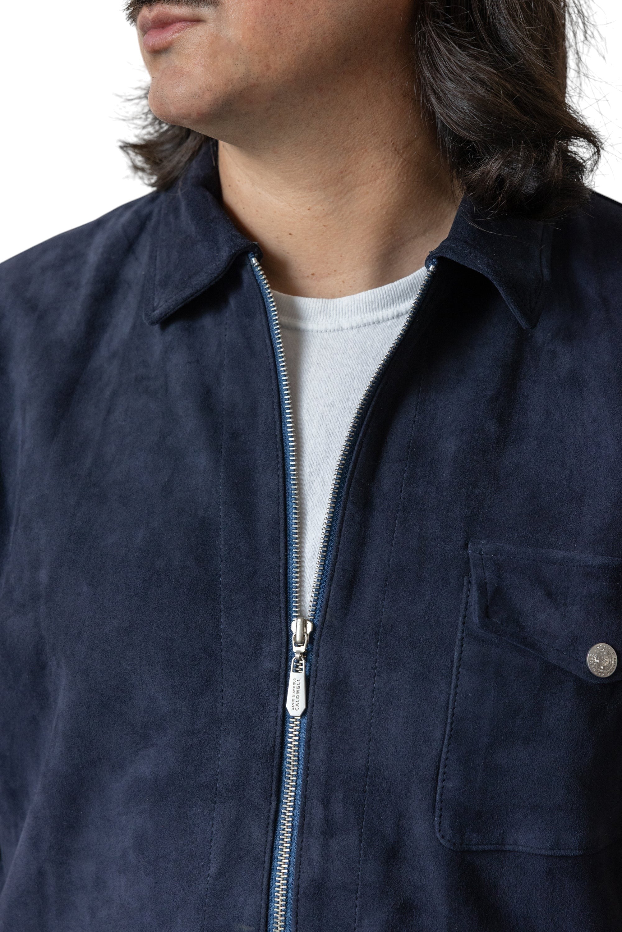 David Dangelo Caldwell navy blue suede work shirt with zipper and chest pocket. Full grain lamb suede.