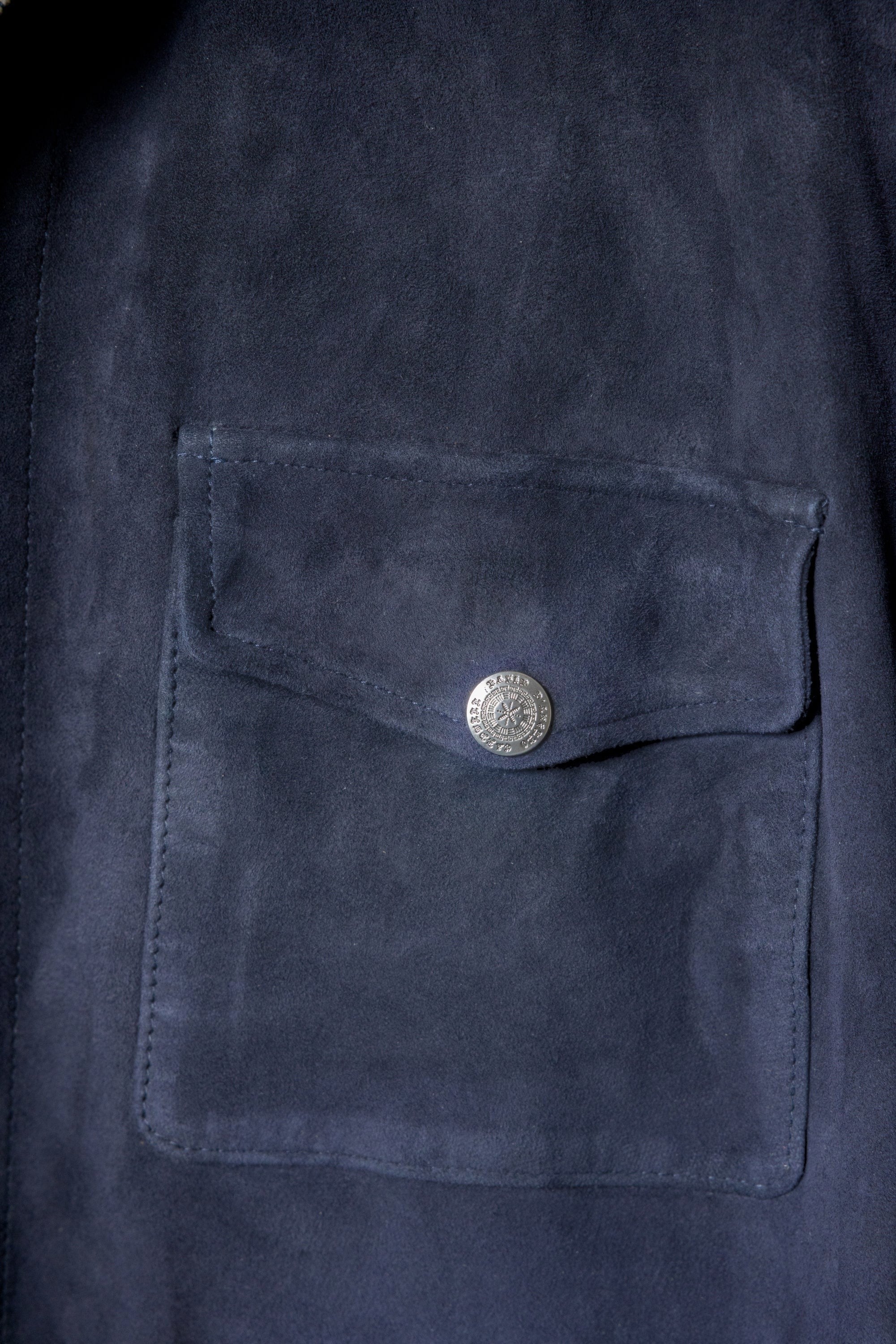 David Dangelo Caldwell navy blue suede artisan work shirt with a breast pocket and silver snap closure.