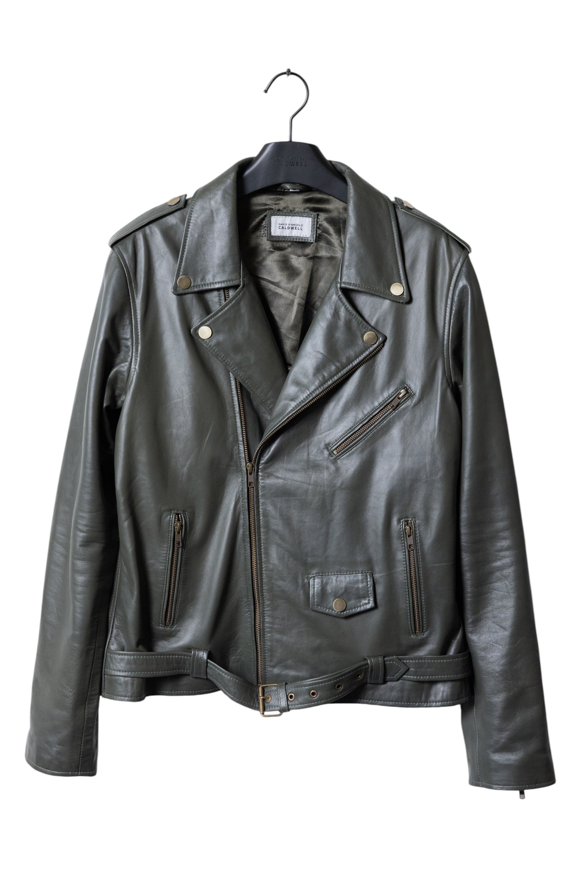 David Dangelo Caldwell olive green nappa lamb biker jacket with Aztec snaps and custom zipper pulls.