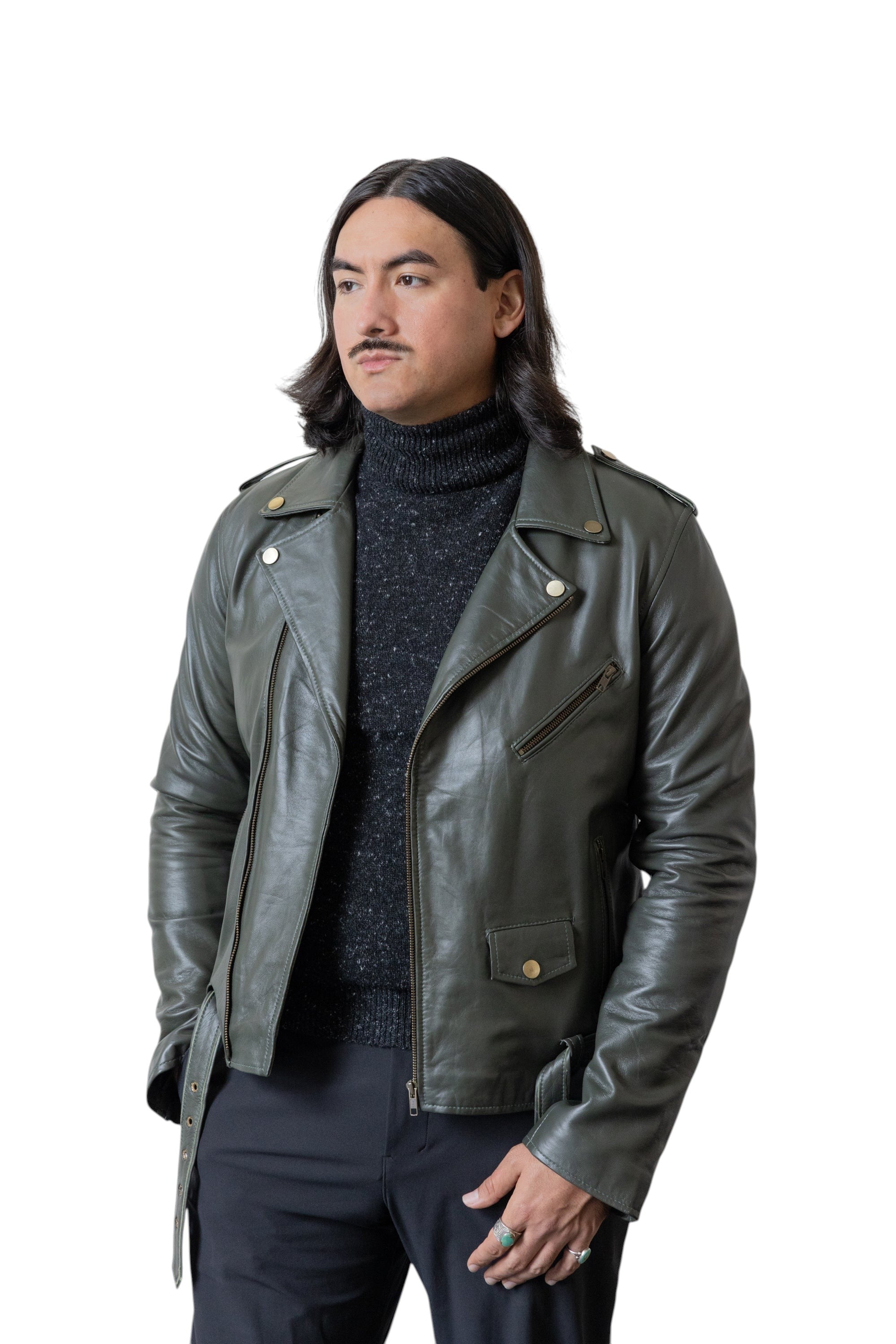 David Dangelo Caldwell olive green nappa lamb biker jacket with Aztec snaps and custom zipper pulls. Model wears black turtleneck.