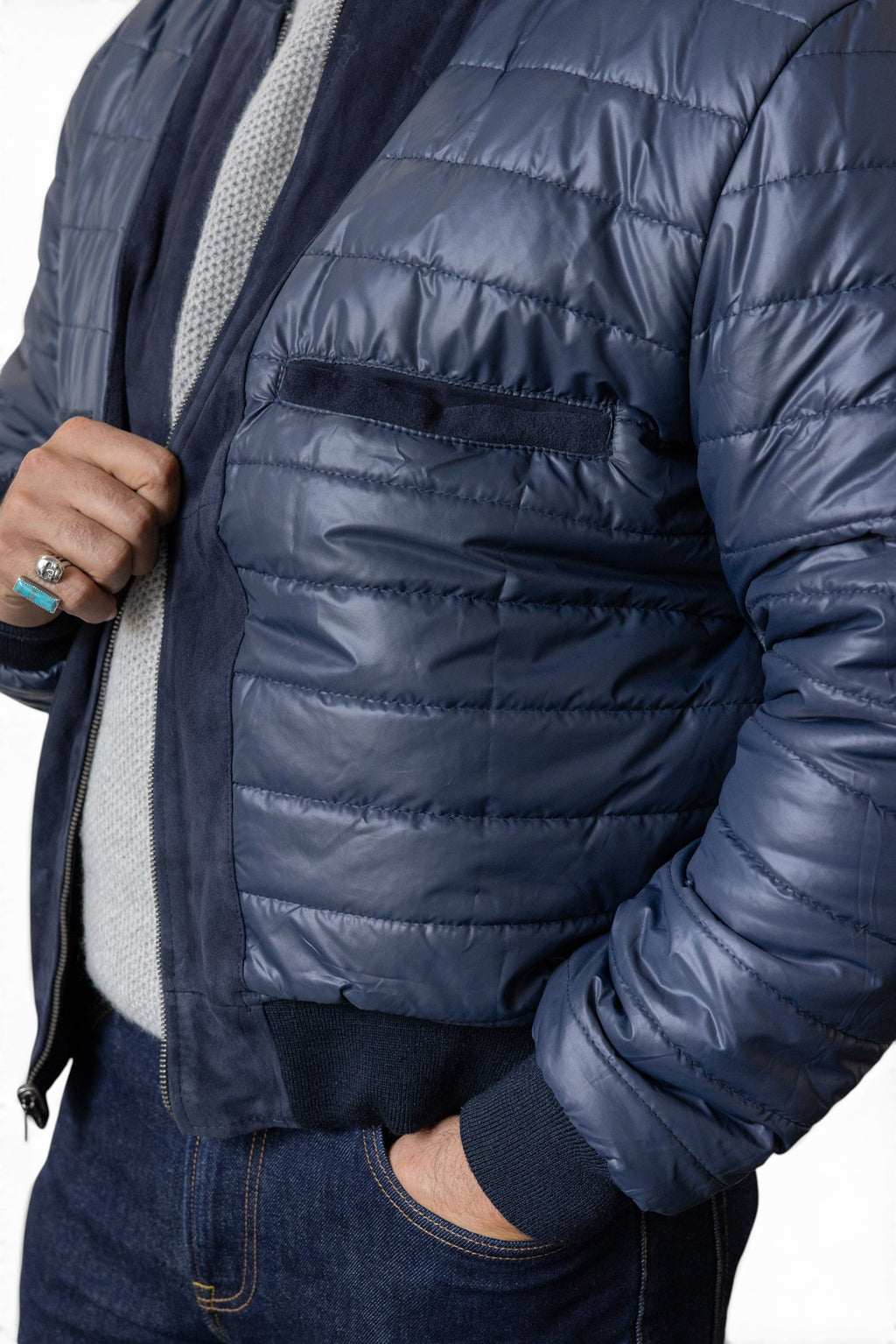 David Dangelo Caldwell navy blue reversible bomber jacket in nappa lamb suede and puffer lining with custom hardware.