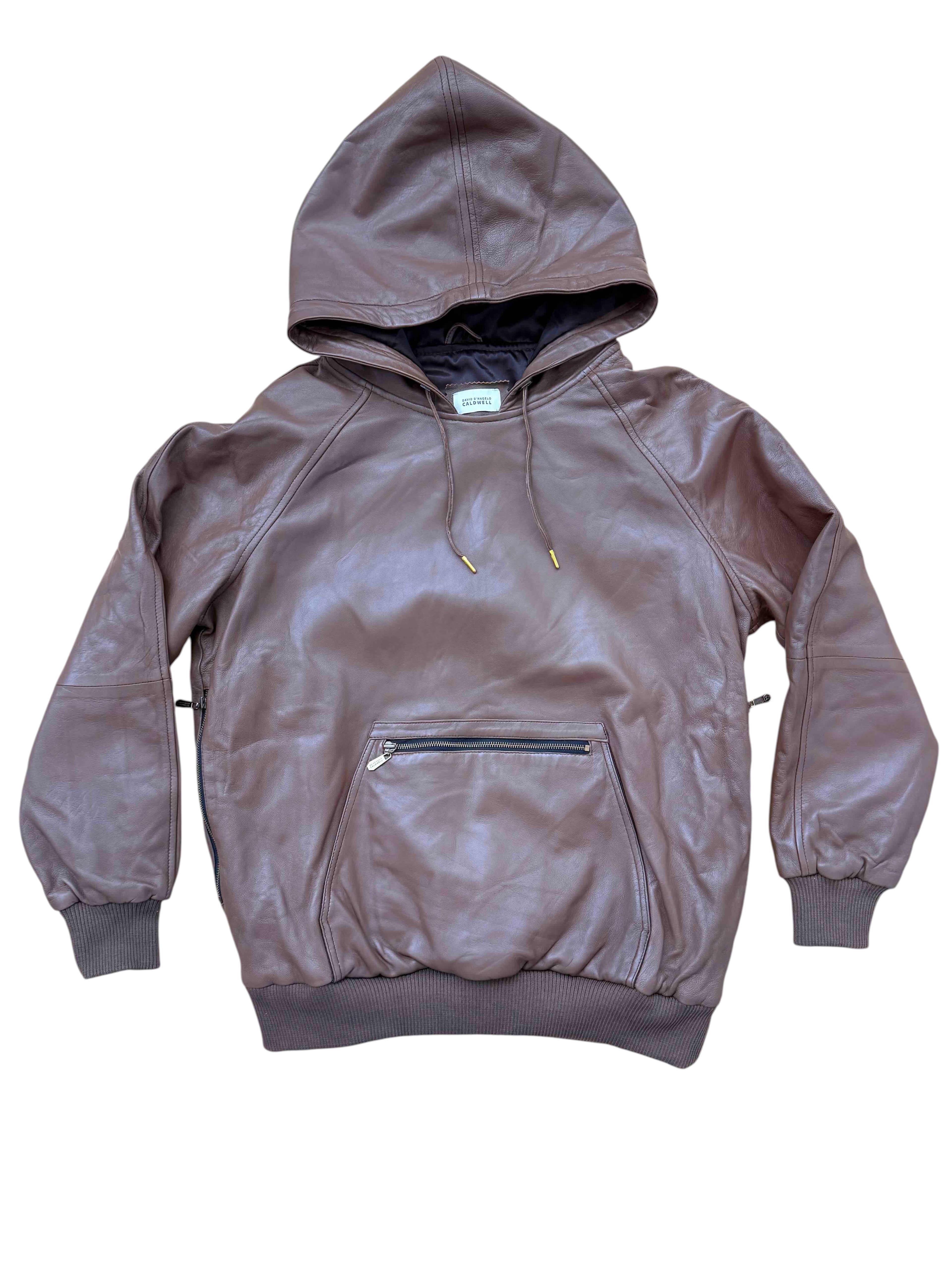 David Dangelo Caldwell brown lamb leather reversible hoodie with silk lining, oversized hood, and zippered pockets.