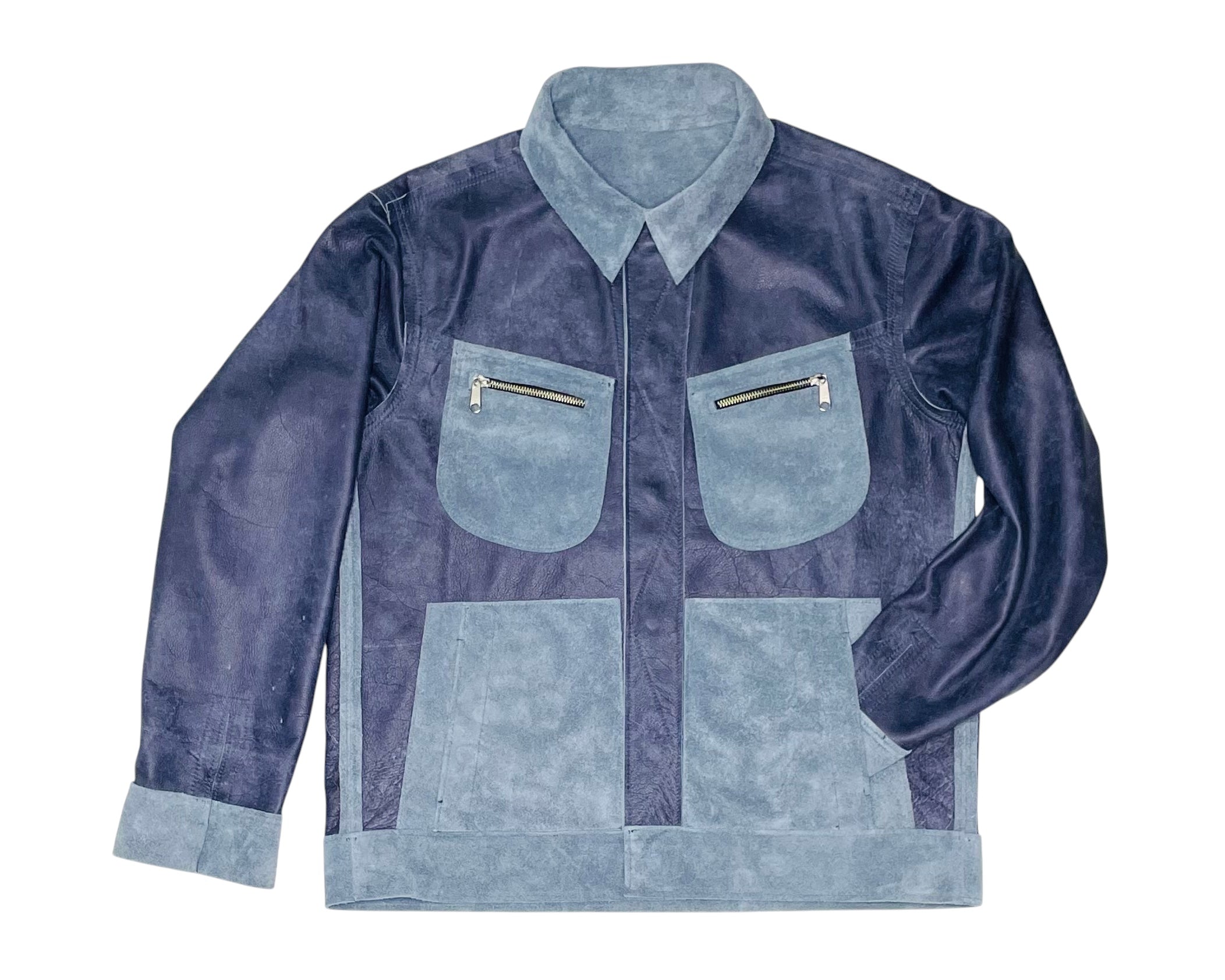David Dangelo Caldwell reversible trucker jacket in navy blue leather with light blue suede accents and zippered chest pockets.