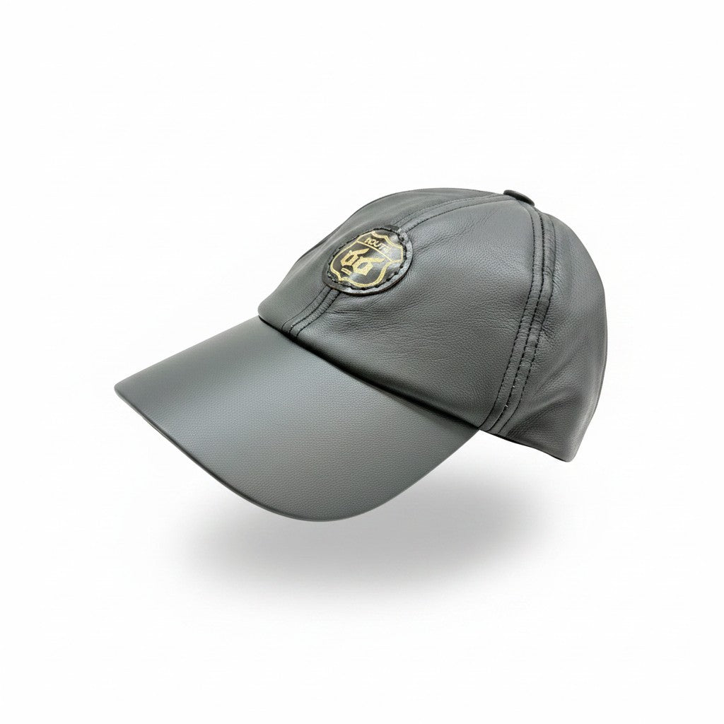 David Dangelo Caldwell dark grey lamb leather dad hat with Route 66 emblem and adjustable closure.