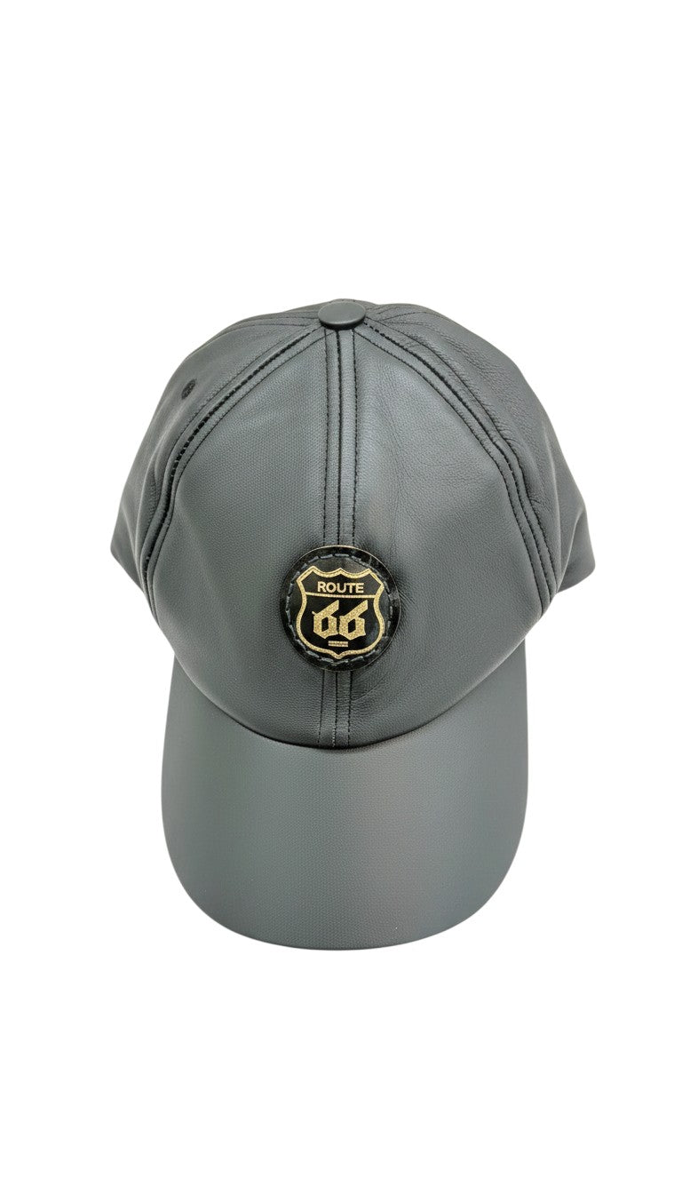 David Dangelo Caldwell dark grey lamb leather dad hat with Route 66 emblem and adjustable closure.