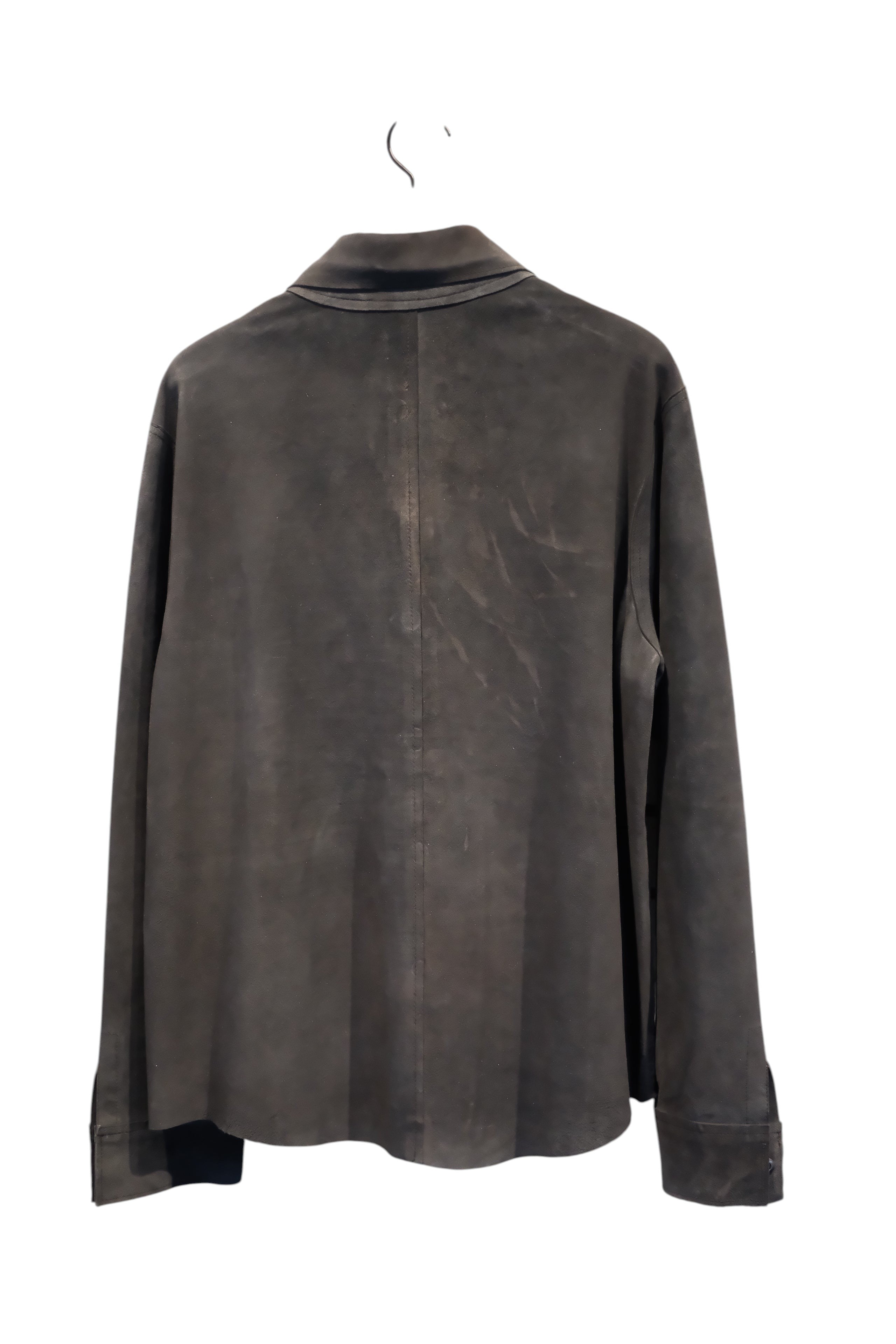 David Dangelo Caldwell dark brown suede leather jacket with exposed seams and patch pockets, classic fit.