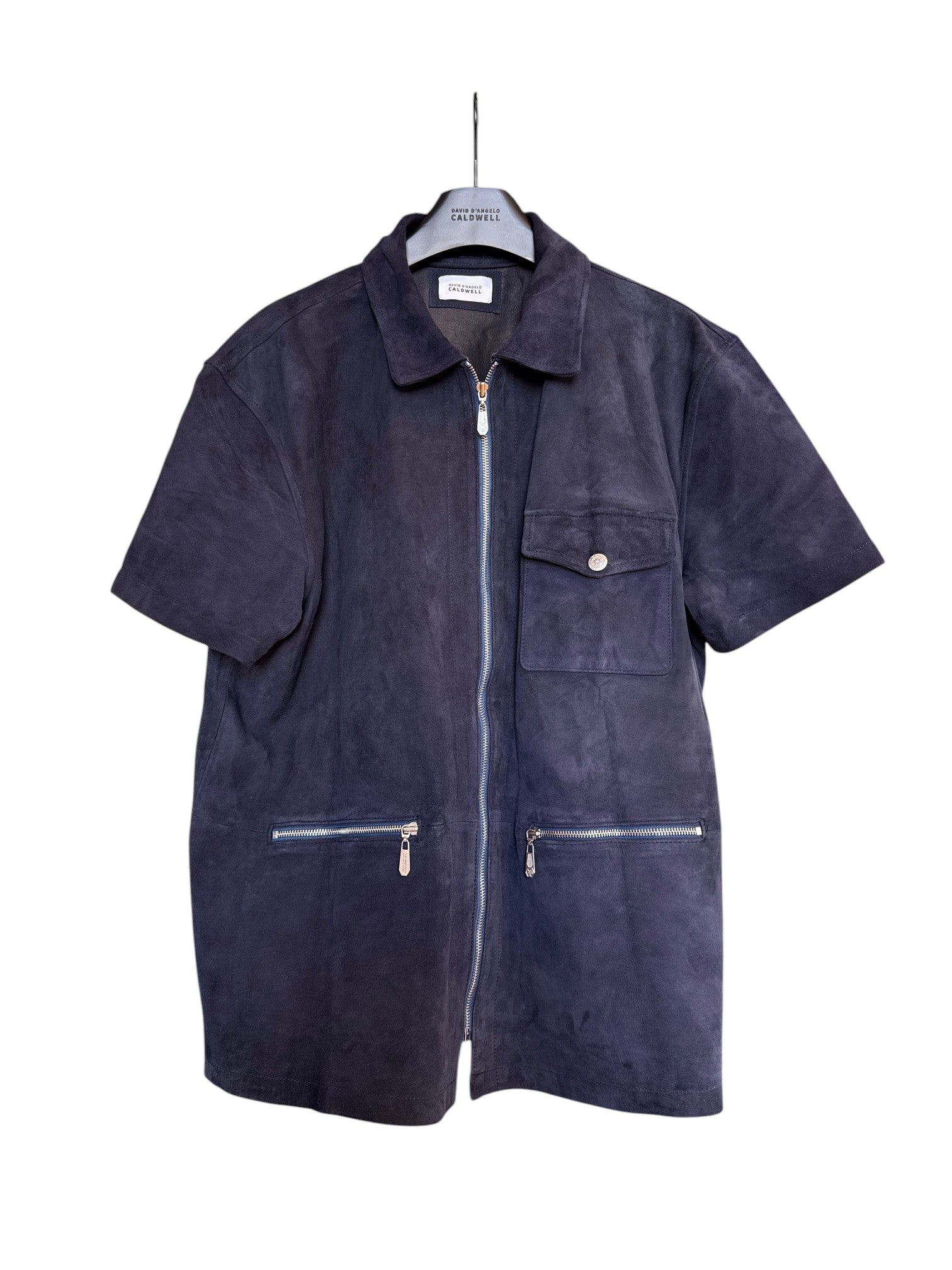 David Dangelo Caldwell navy blue suede short-sleeve zip-up work shirt with utility pockets.
