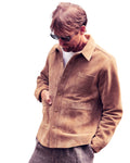 David Dangelo Caldwell tan suede leather jacket with two patch pockets and custom hardware. Classic fit, made in USA.