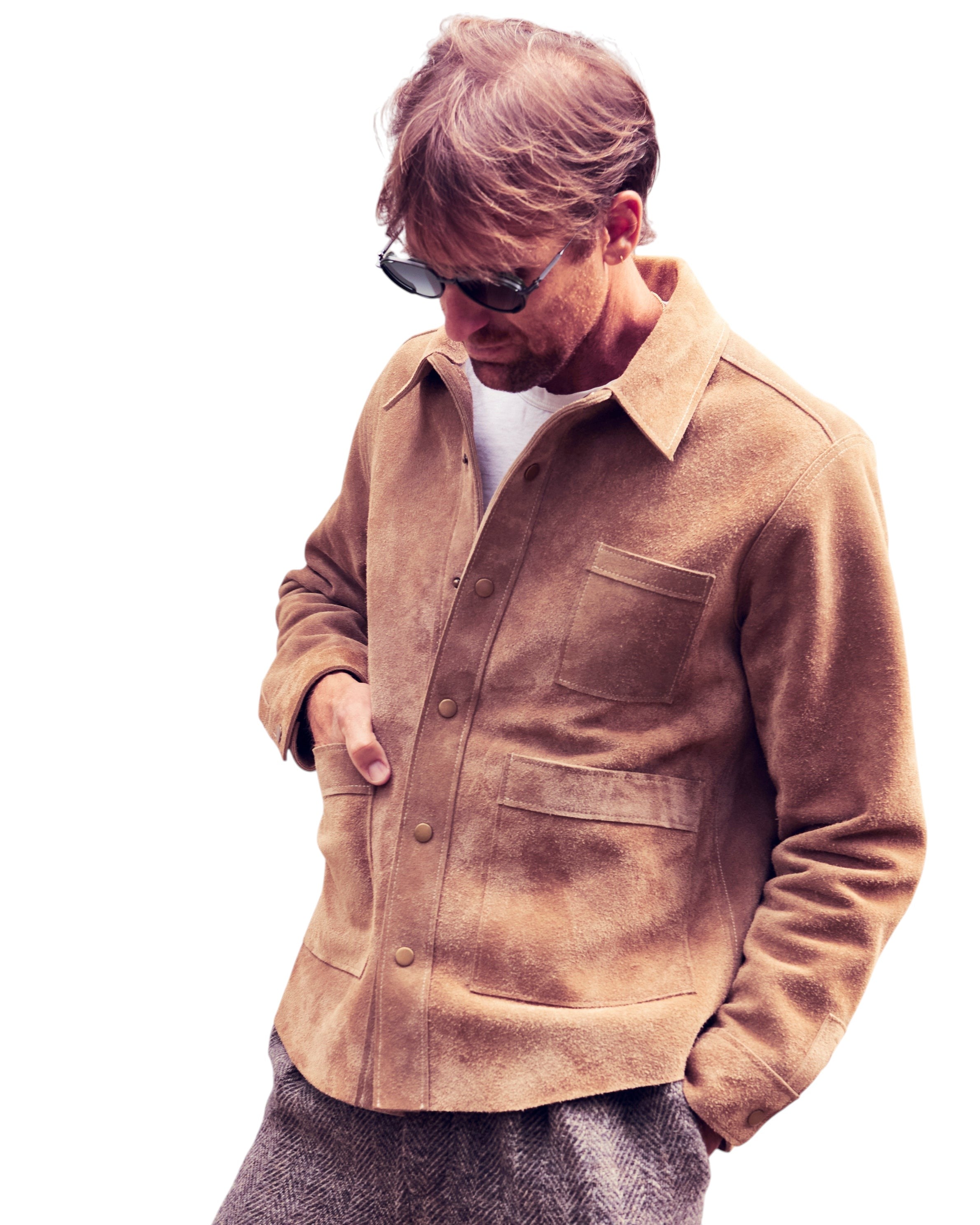 David Dangelo Caldwell tan suede leather jacket with two patch pockets and custom hardware. Classic fit, made in USA.