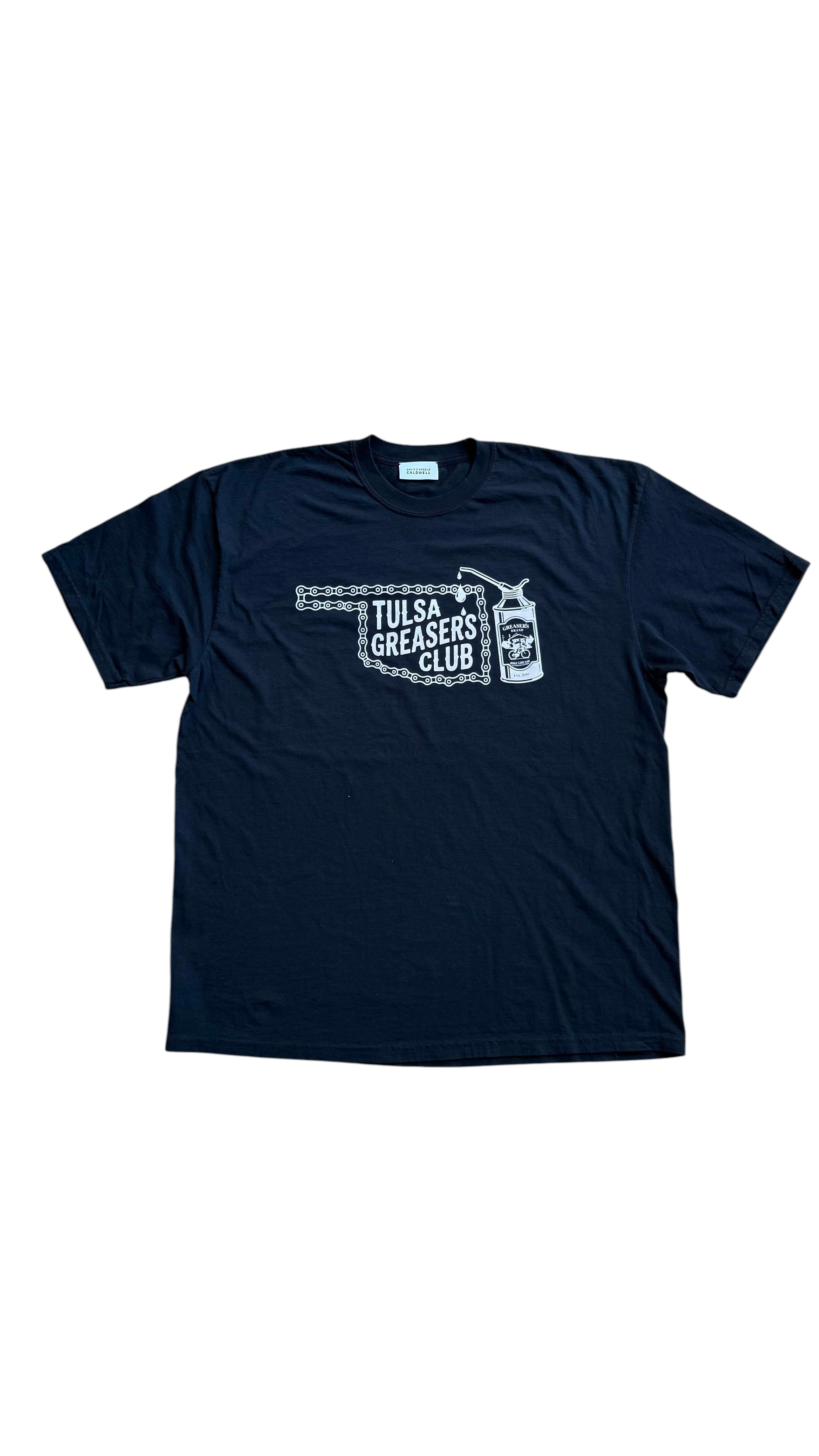 David Dangelo Caldwell black 100% cotton Tulsa Greaser's Club t-shirt with chain graphic and oil can.