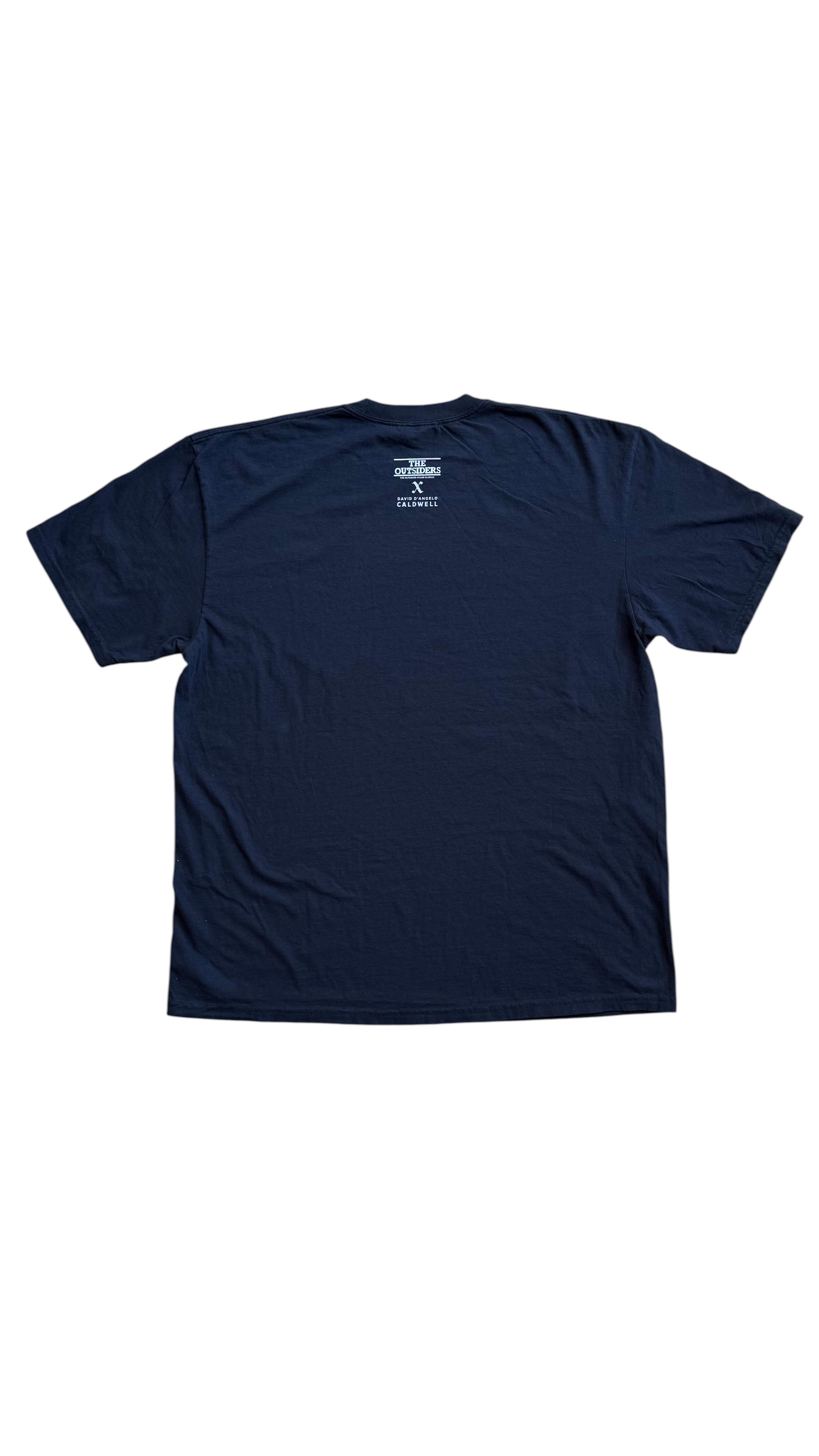 David Dangelo Caldwell navy blue 100% cotton Tulsa Greaser's Club t-shirt with graphic detail on back.