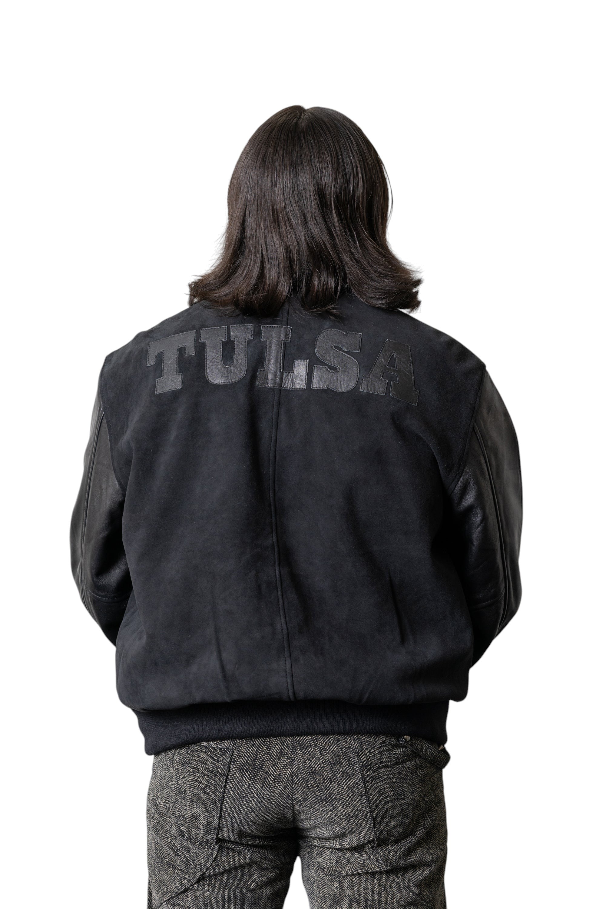 David Dangelo Caldwell black suede varsity jacket with "TULSA" lettering on back, nappa lamb sleeves and collar, silk lining.