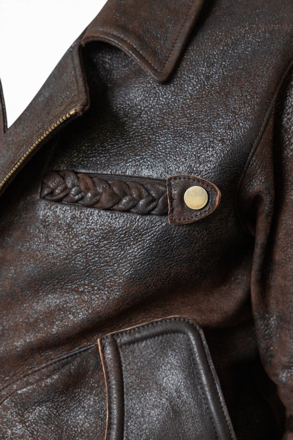David Dangelo Caldwell chocolate brown Italian lamb leather Wendell jacket with braided pocket detail and custom hardware.