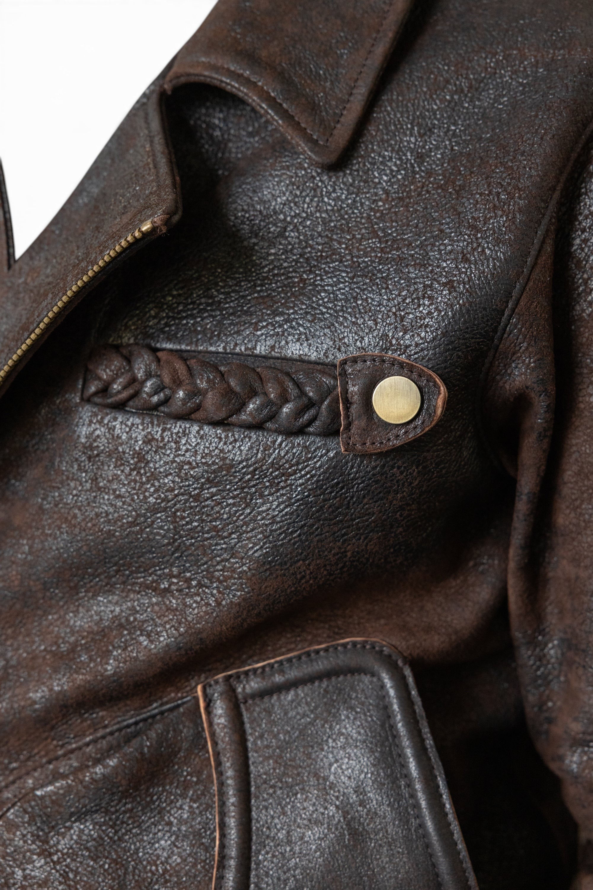 David Dangelo Caldwell chocolate brown Italian lamb leather Wendell jacket with braided pocket detail and custom hardware.