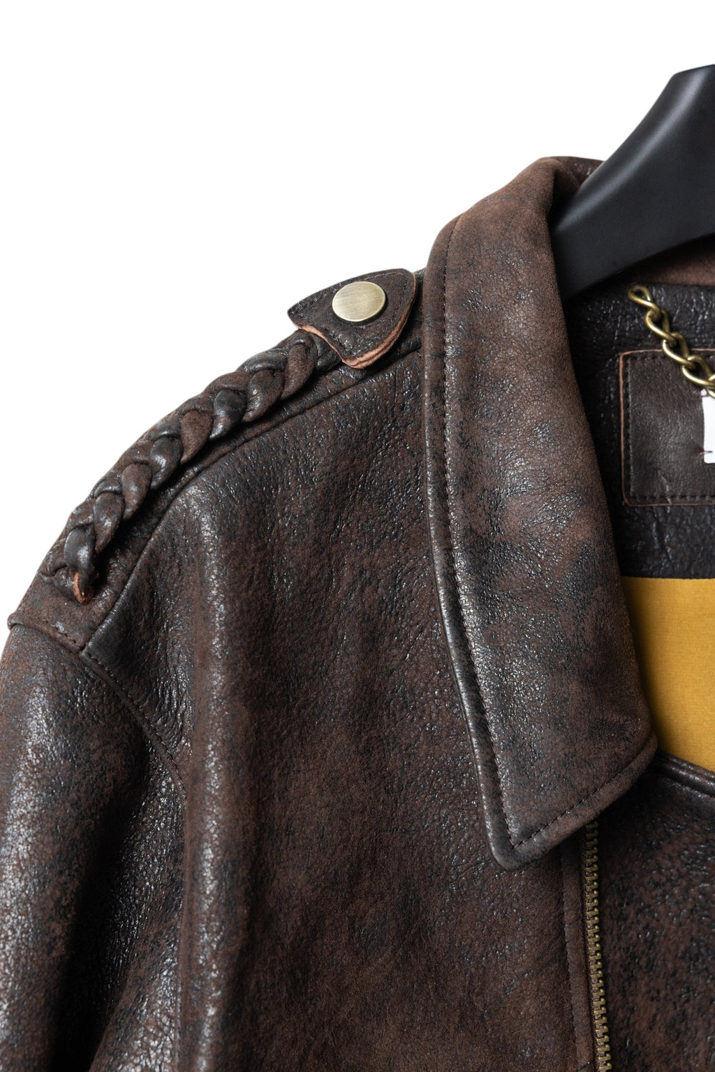 David Dangelo Caldwell chocolate brown Italian lamb leather Wendell jacket with braided shoulder detail and custom hardware.