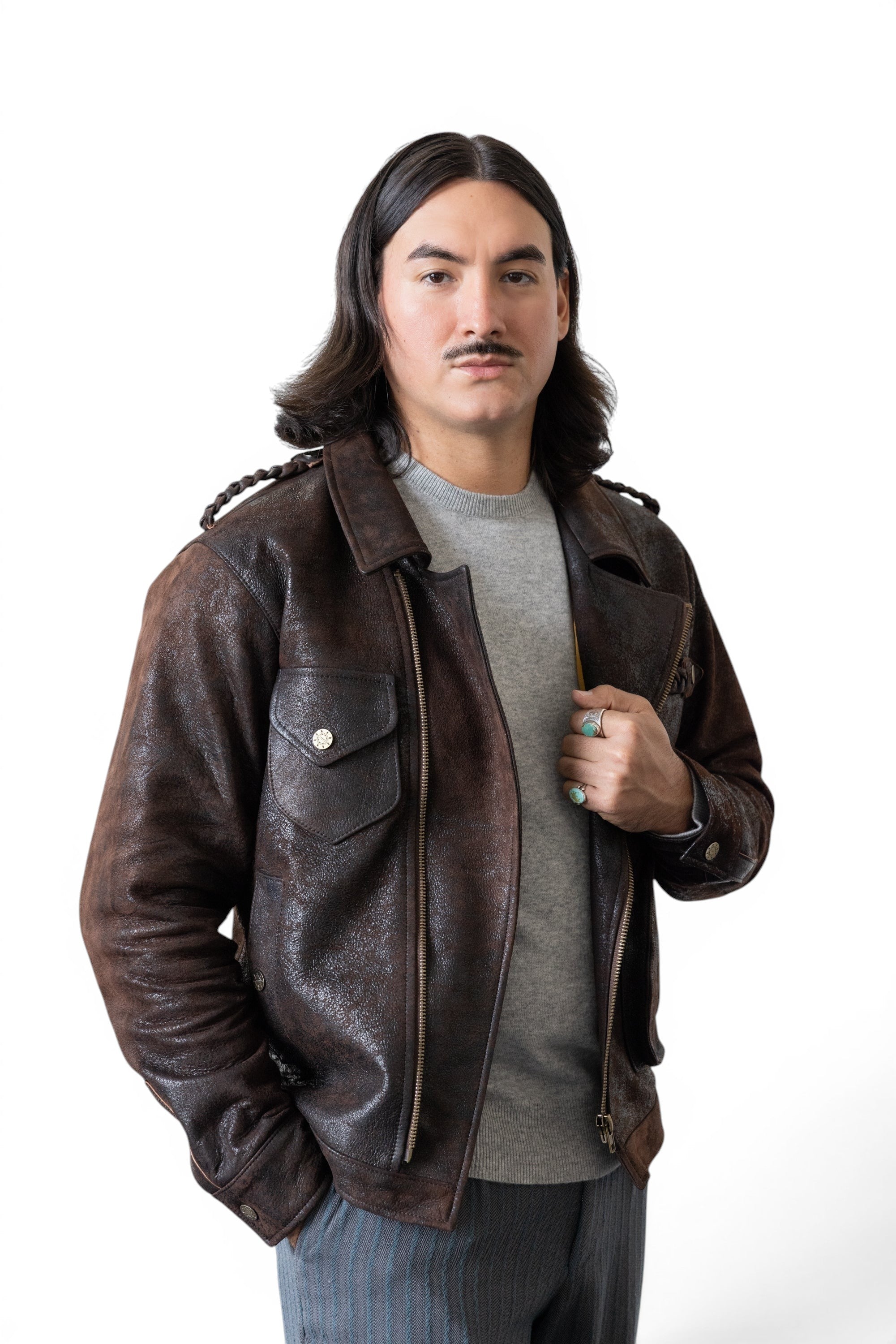 David Dangelo Caldwell chocolate brown Italian lamb leather Wendell jacket with multiple pockets and custom hardware.