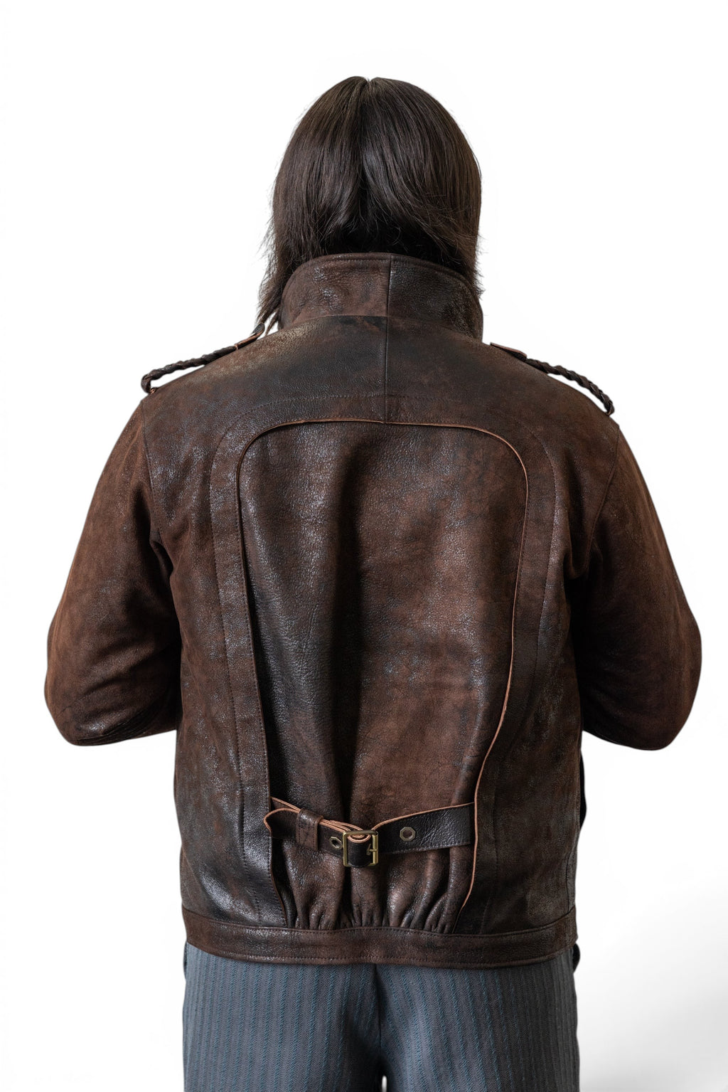 David Dangelo Caldwell chocolate brown Italian lamb leather Wendell jacket with belted yoke and custom hardware.