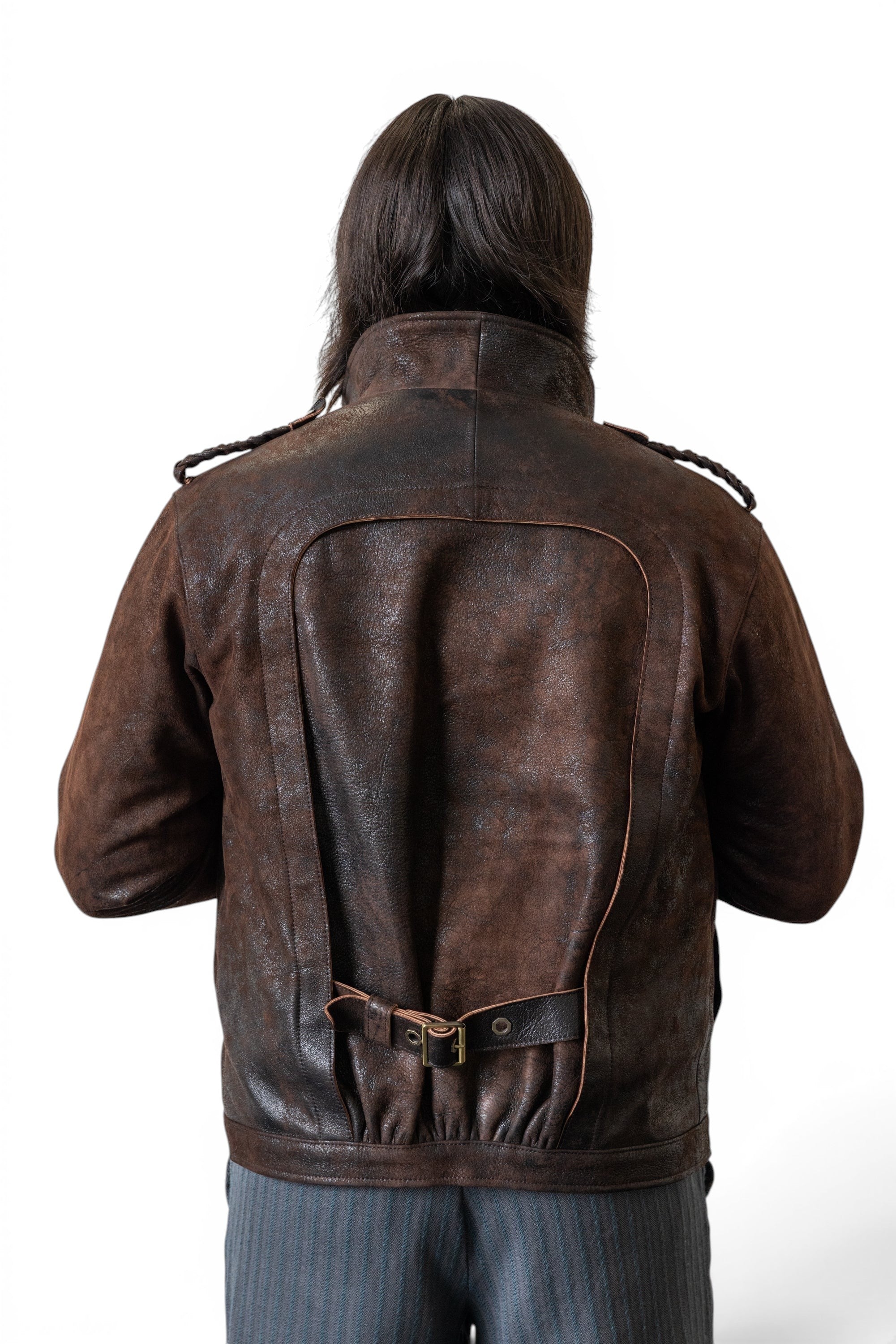 David Dangelo Caldwell chocolate brown Italian lamb leather Wendell jacket with belted yoke and custom hardware.