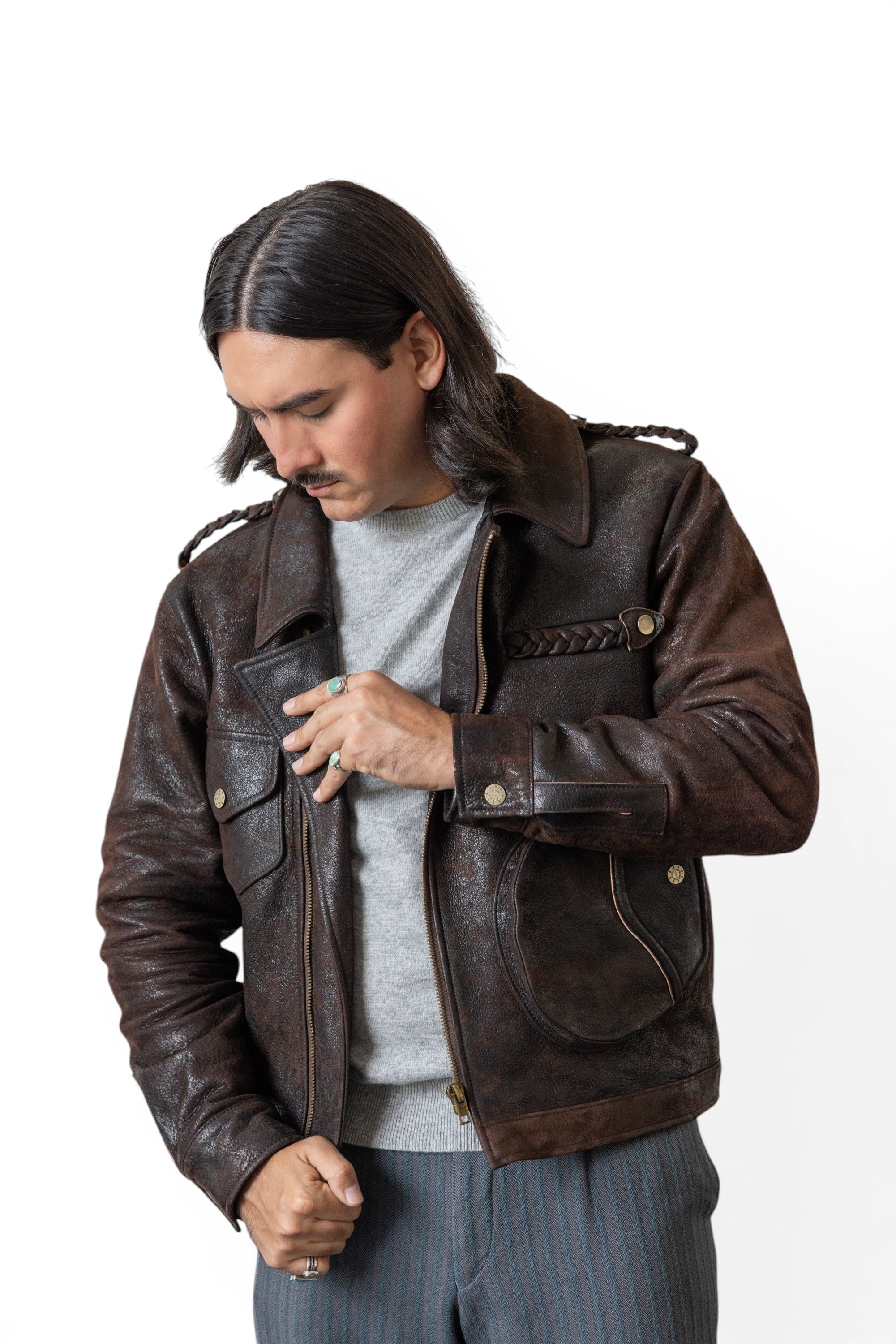 David Dangelo Caldwell chocolate brown Italian lamb leather Wendell jacket with braided details and multiple pockets.