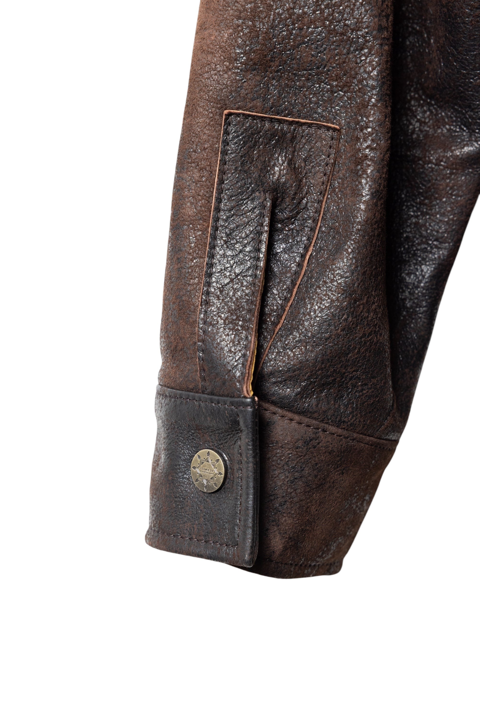 David Dangelo Caldwell chocolate brown Italian lamb leather Wendell jacket with custom hardware and unique pocket details.