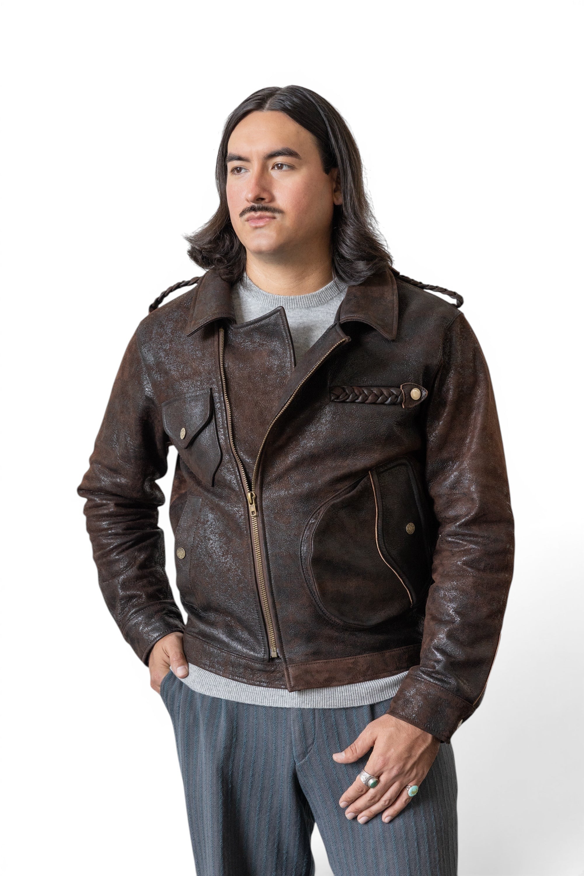 David Dangelo Caldwell chocolate brown Italian lamb leather Wendell jacket with multiple pockets and custom hardware.
