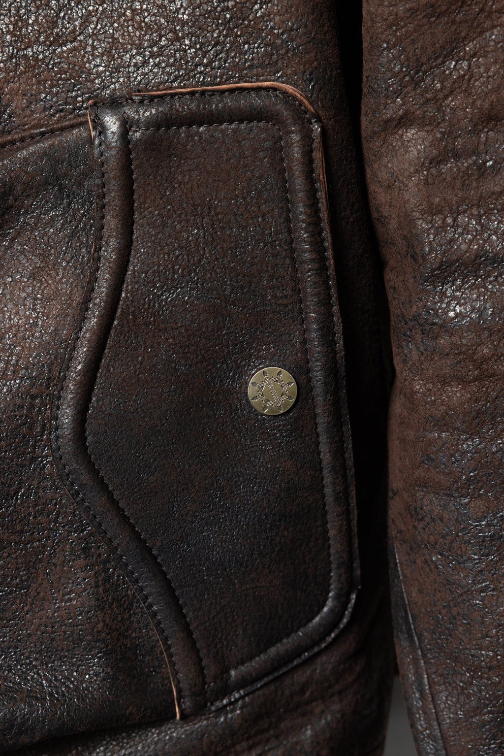 David Dangelo Caldwell Wendell chocolate brown Italian lamb leather jacket with multiple pockets and custom hardware.
