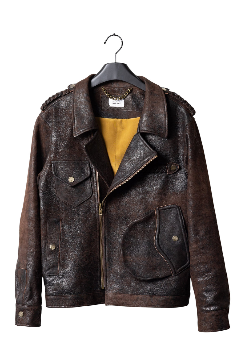 David Dangelo Caldwell Wendell chocolate brown Italian lamb leather jacket with multiple pockets and yellow silk lining.