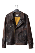 David Dangelo Caldwell Wendell chocolate brown Italian lamb leather jacket with multiple pockets and yellow silk lining.