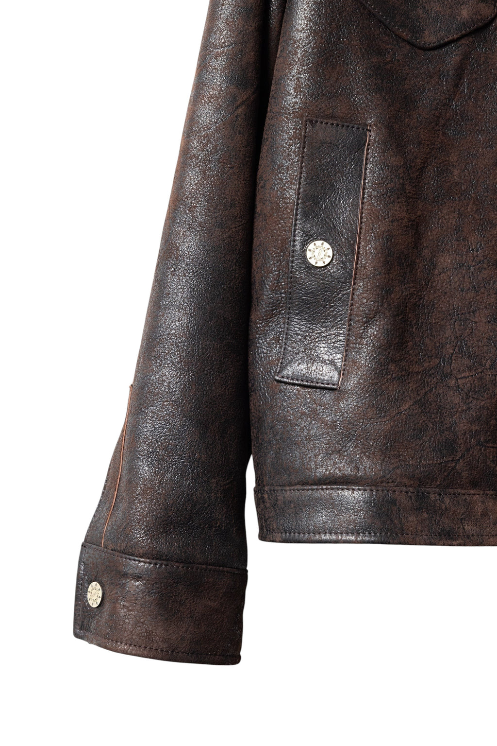 David Dangelo Caldwell Wendell chocolate brown Italian lamb leather jacket with multiple pockets and custom hardware.