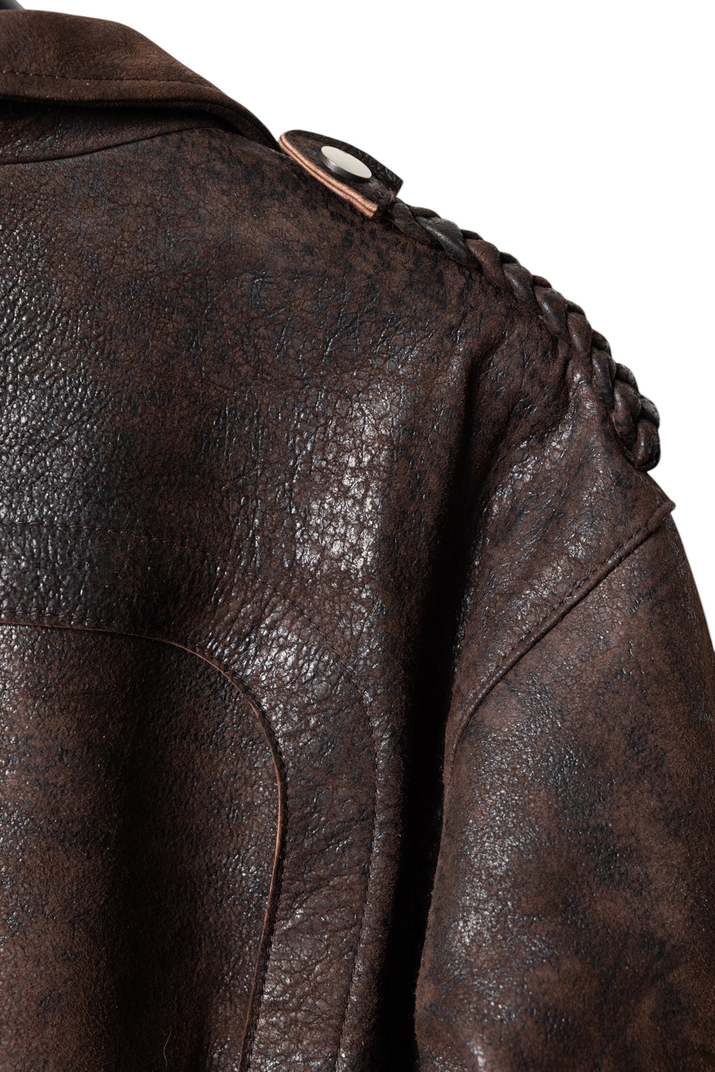 David Dangelo Caldwell Wendell chocolate brown Italian lamb leather jacket with braided shoulder detail and custom hardware.