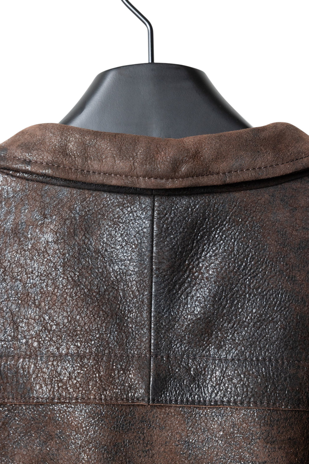 David Dangelo Caldwell The Wendell chocolate brown textured Italian lamb leather jacket with unique yolk and custom hardware.