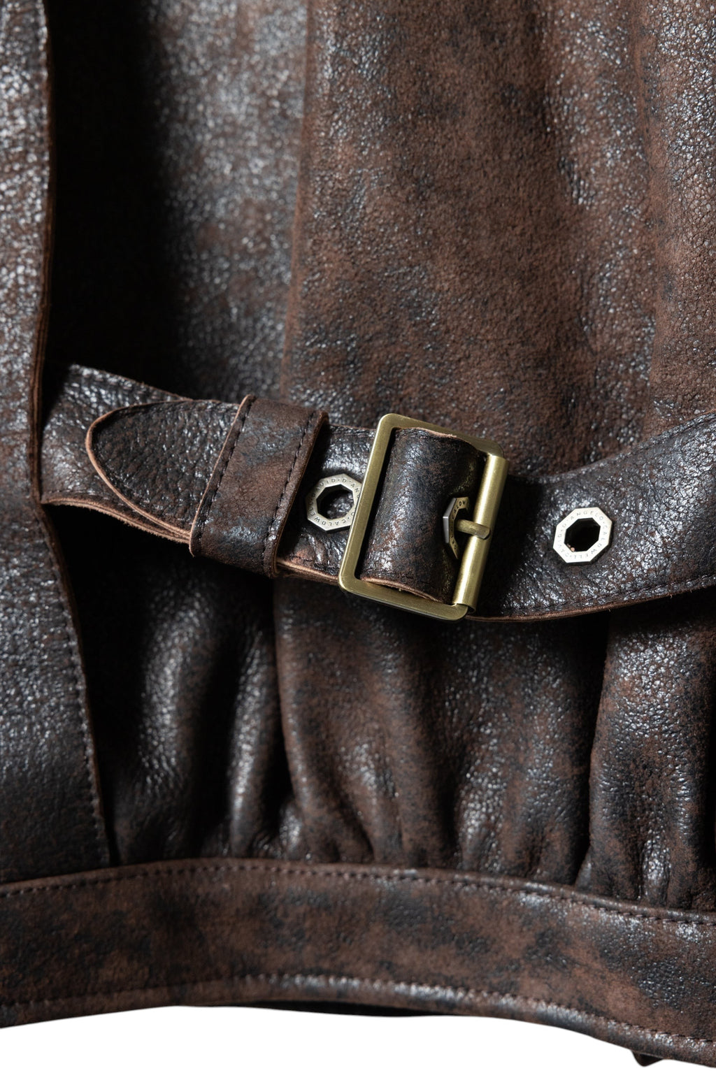 David Dangelo Caldwell Wendell chocolate brown textured Italian lamb leather jacket with buckle detail and custom hardware.