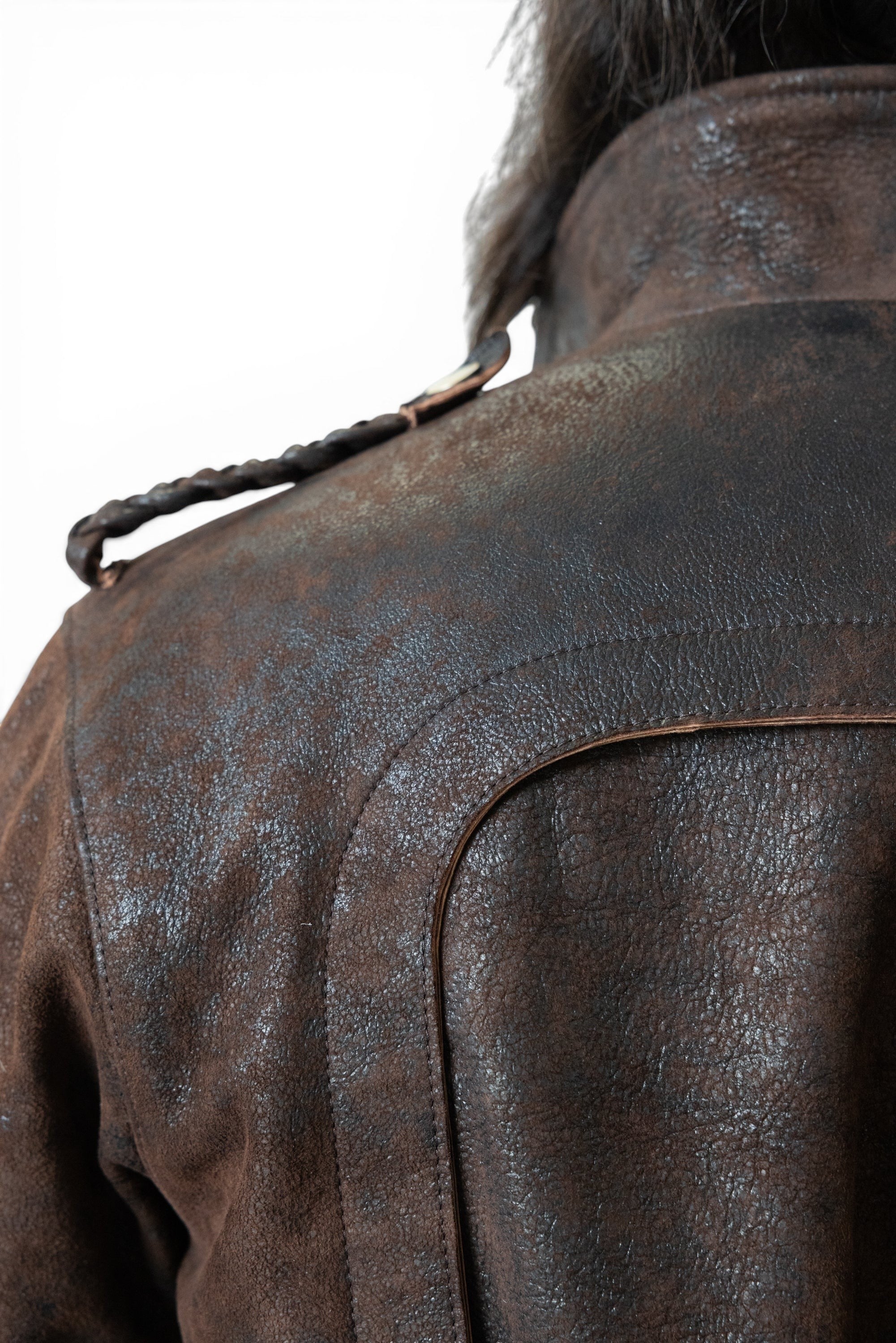 David Dangelo Caldwell The Wendell chocolate brown Italian lamb leather jacket with braided shoulder detail and custom hardware.