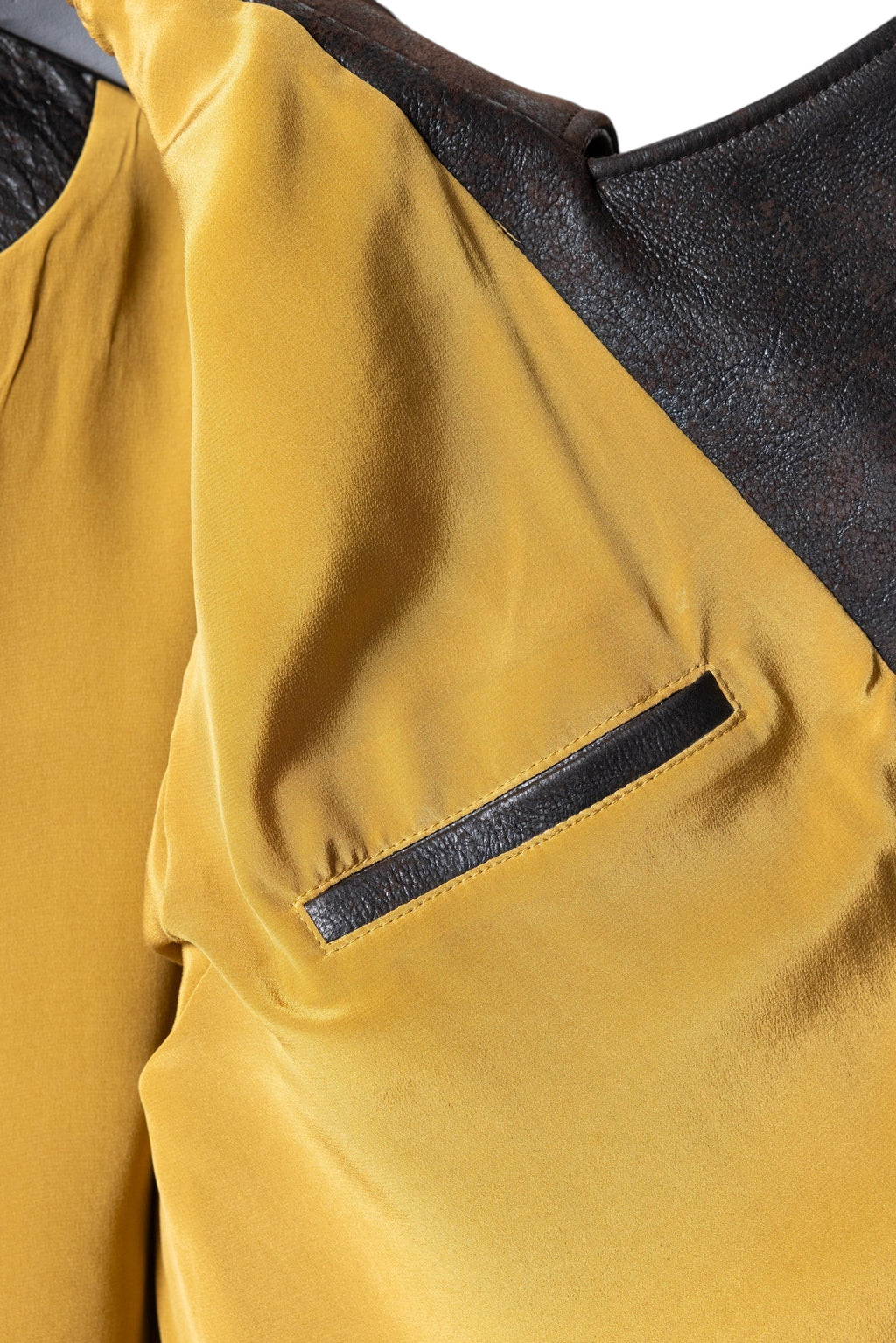 David Dangelo Caldwell Wendell chocolate brown Italian lamb leather jacket with gold silk lining and welt pocket.