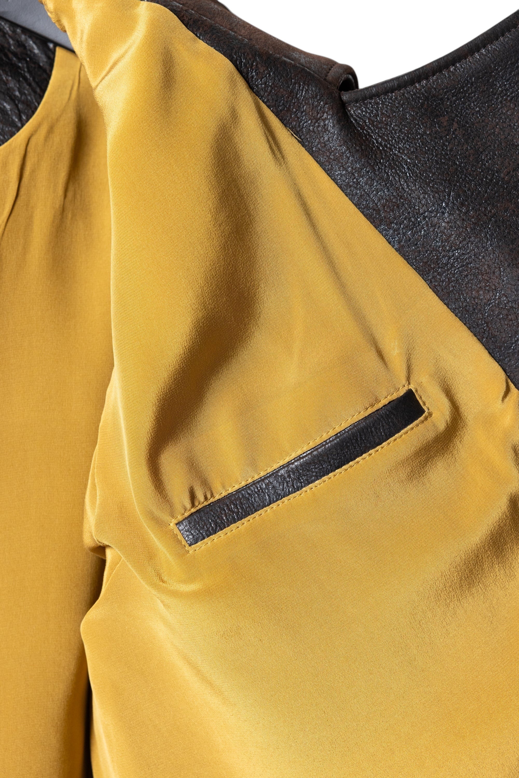 David Dangelo Caldwell Wendell chocolate brown Italian lamb leather jacket with gold silk lining and welt pocket.